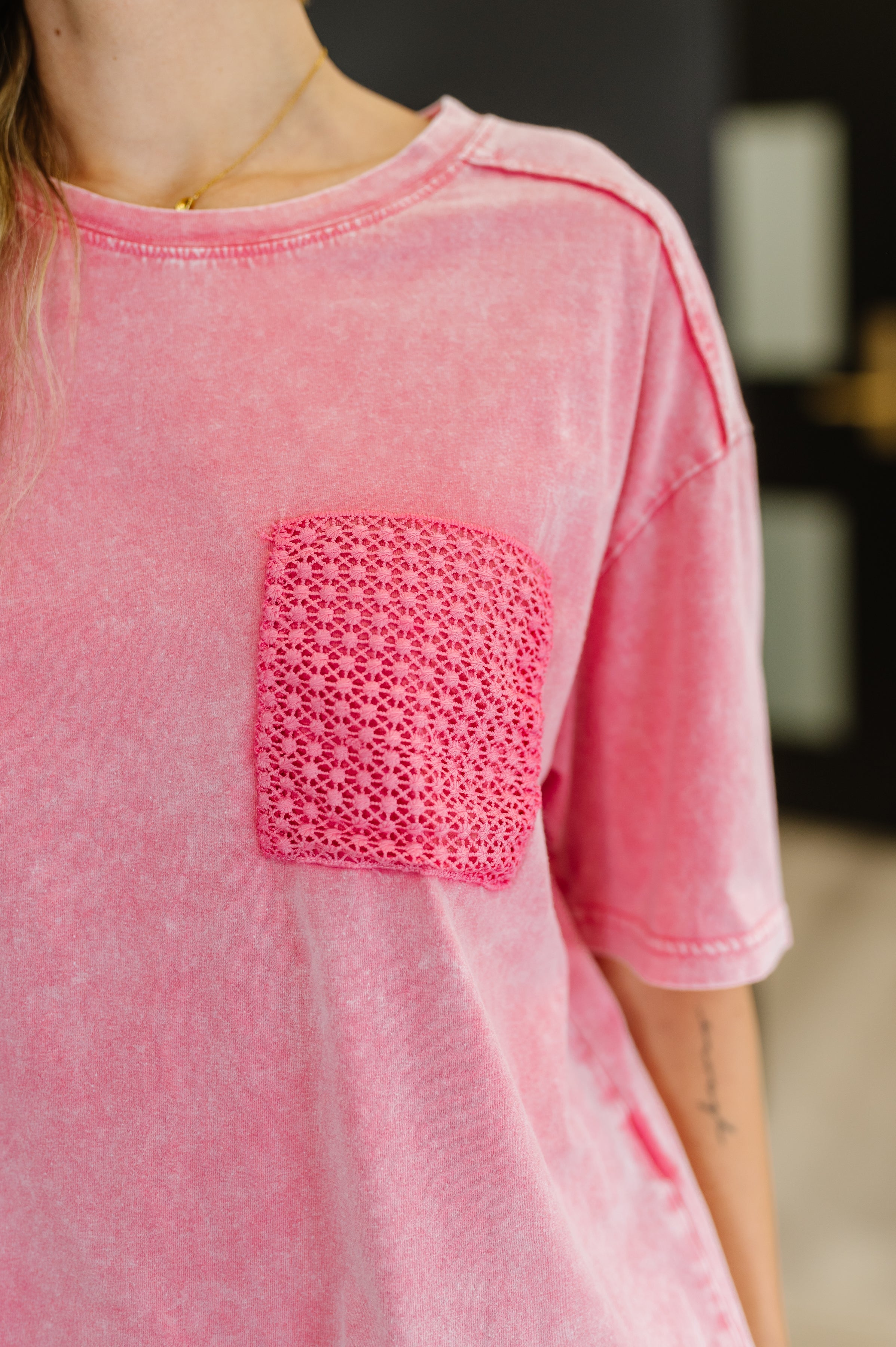 Who's That Girl Crochet Pocket T-Shirt-Womens-Stay Foxy Boutique, Florissant, Missouri