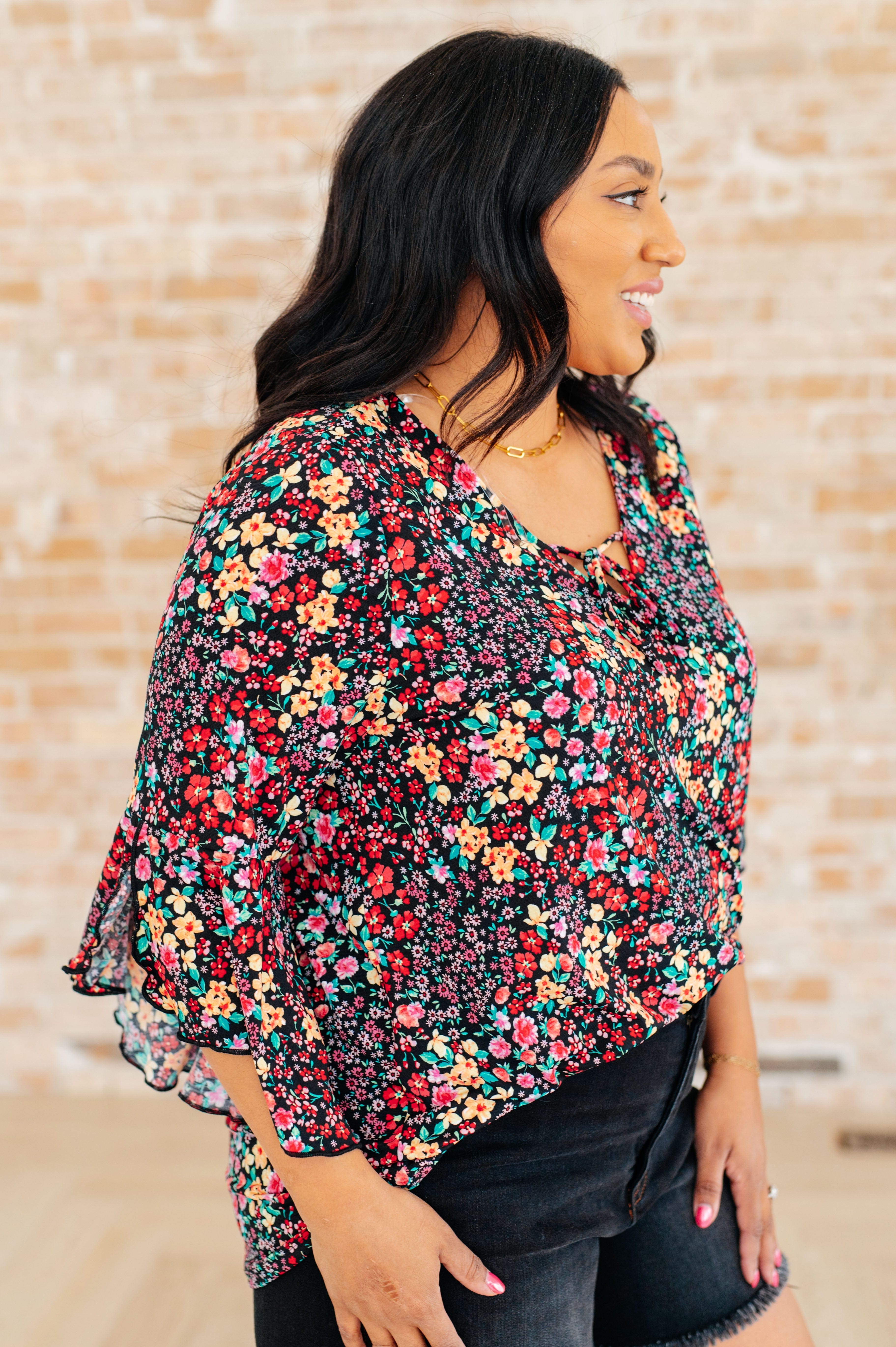Willow Bell Sleeve Top in Black Multi Ditsy Floral-Tops-Stay Foxy Boutique, Florissant, Missouri