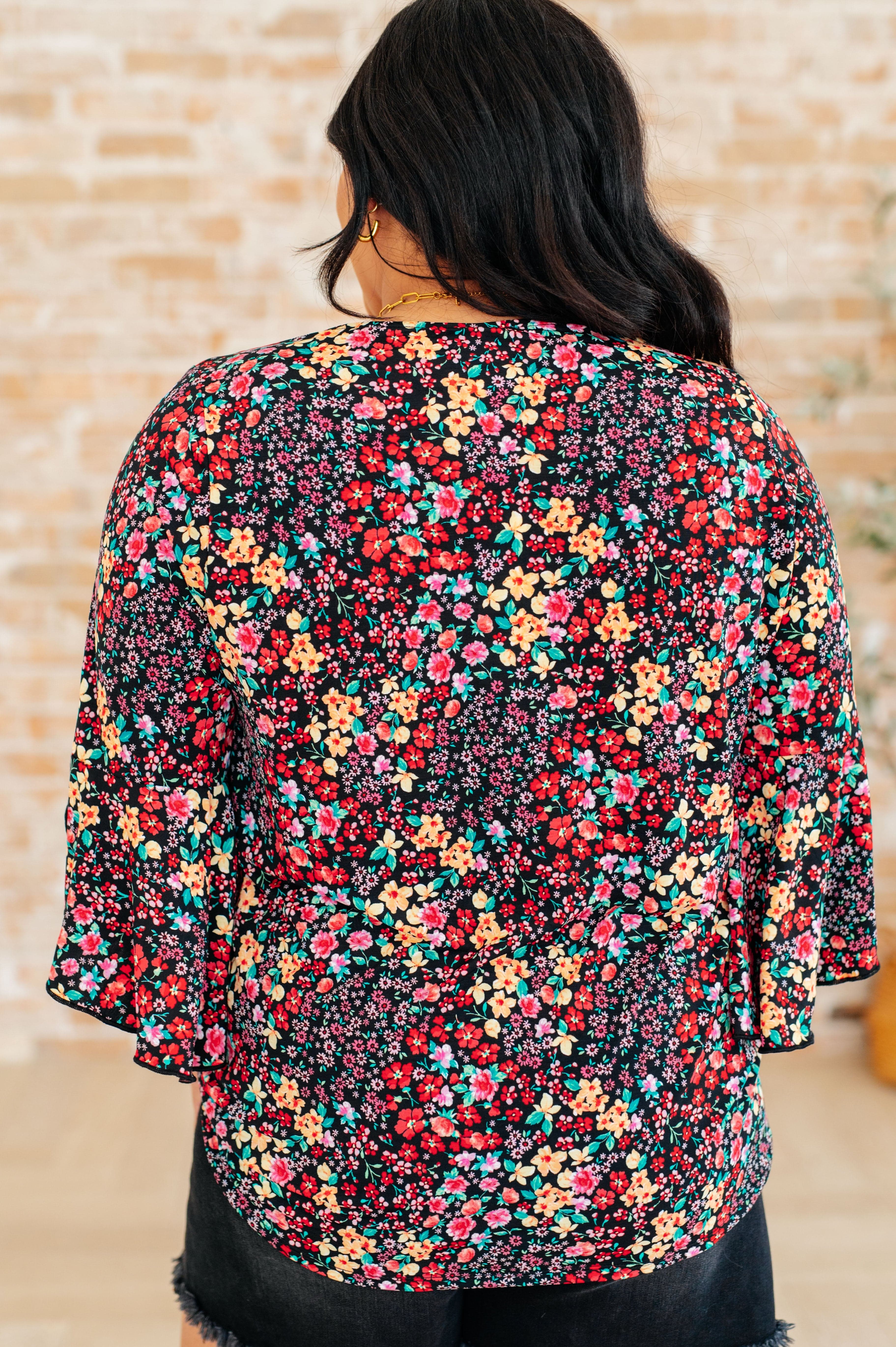 Willow Bell Sleeve Top in Black Multi Ditsy Floral-Tops-Stay Foxy Boutique, Florissant, Missouri