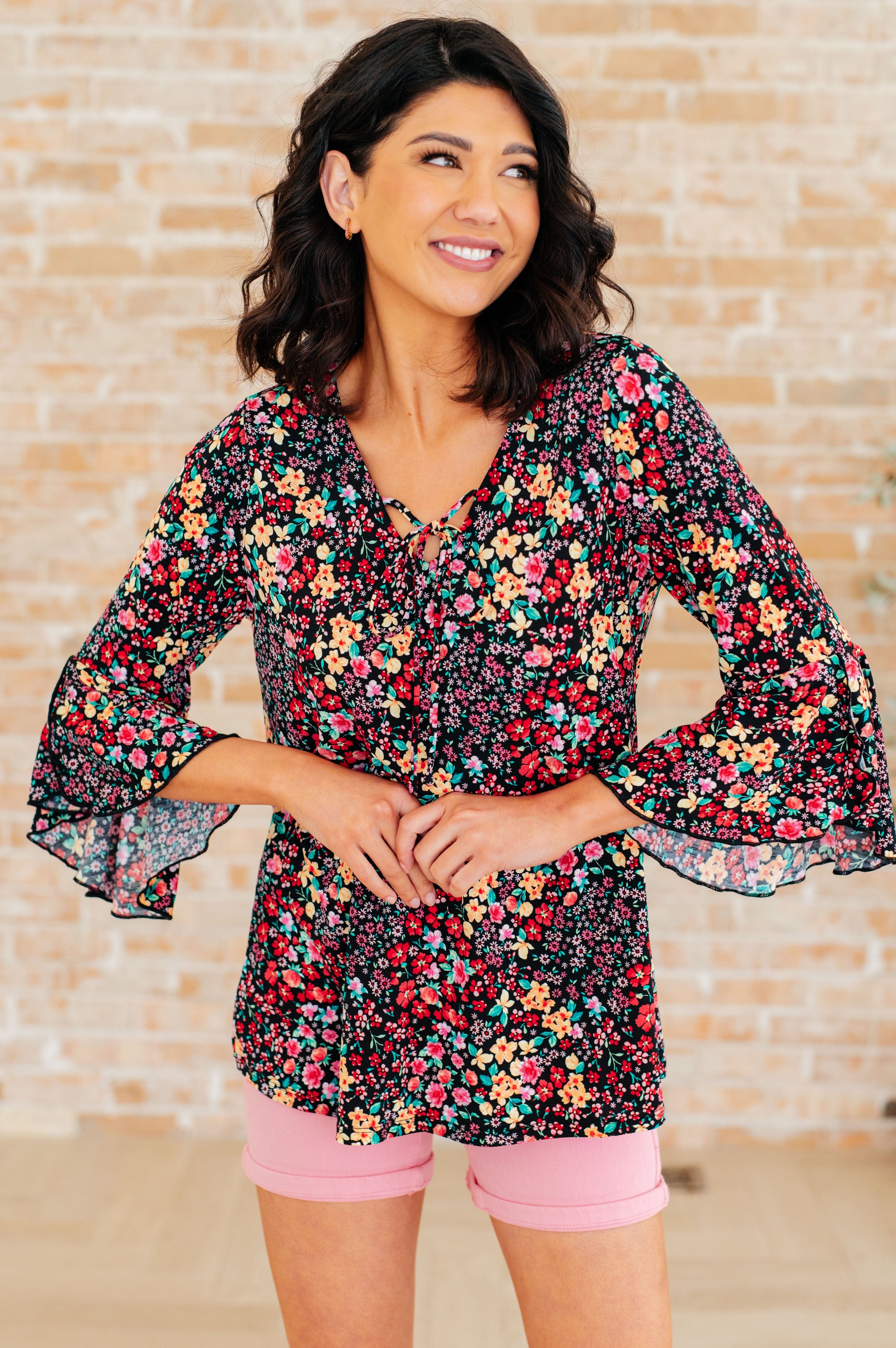 Willow Bell Sleeve Top in Black Multi Ditsy Floral-Tops-Stay Foxy Boutique, Florissant, Missouri
