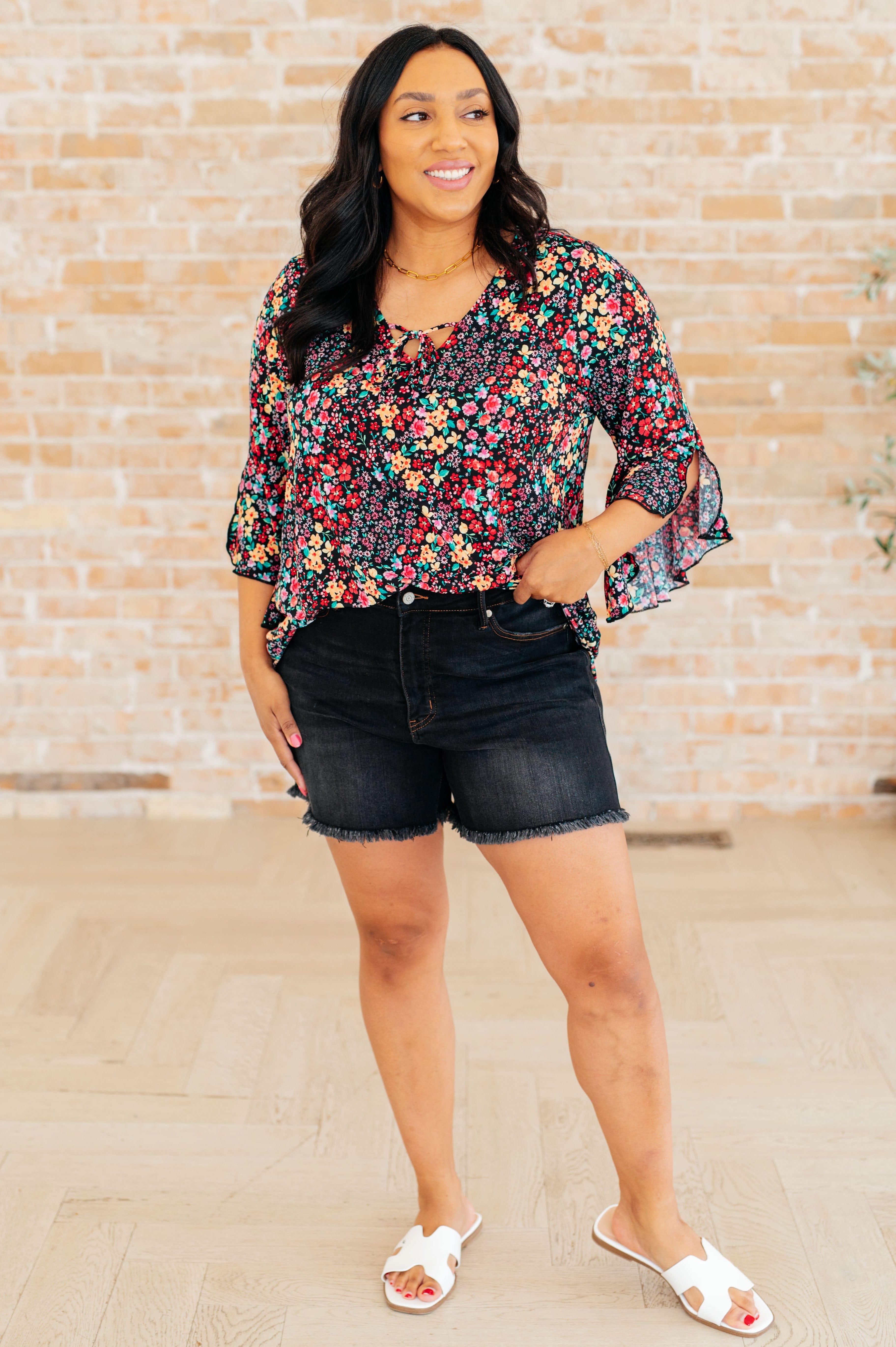 Willow Bell Sleeve Top in Black Multi Ditsy Floral-Tops-Stay Foxy Boutique, Florissant, Missouri