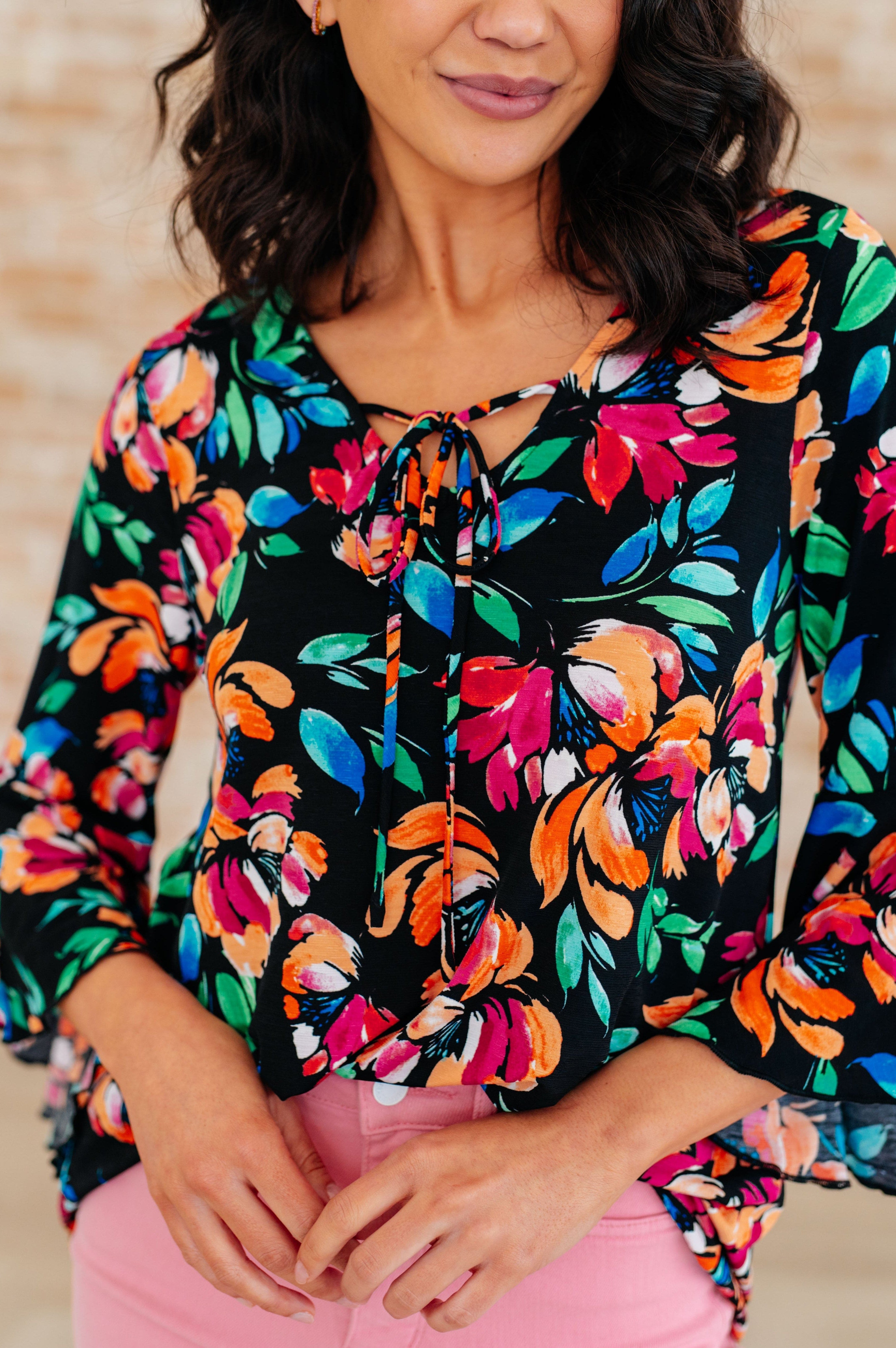 Willow Bell Sleeve Top in Black and Emerald Floral-Tops-Stay Foxy Boutique, Florissant, Missouri