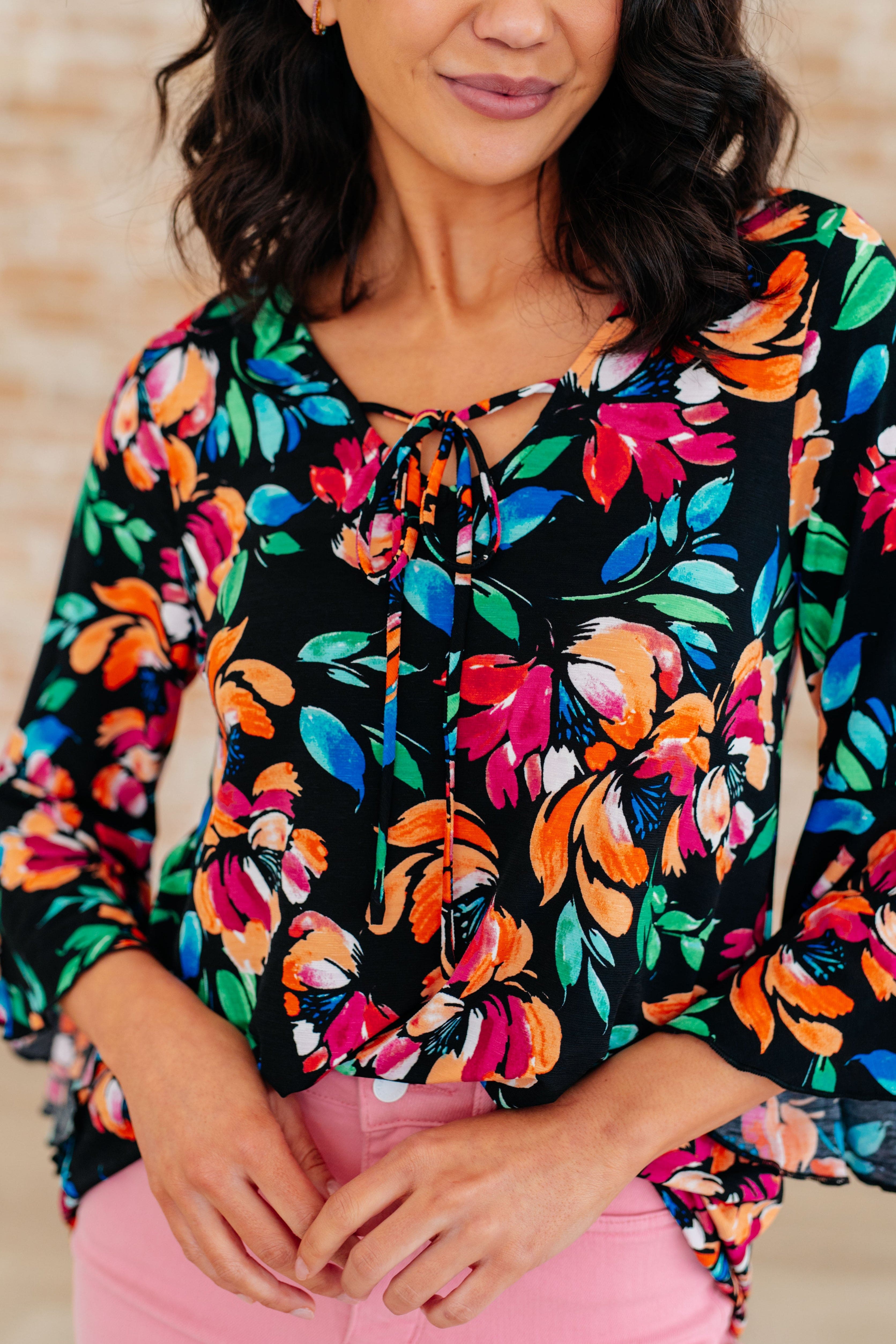 Willow Bell Sleeve Top in Black and Emerald Floral-Tops-Stay Foxy Boutique, Florissant, Missouri