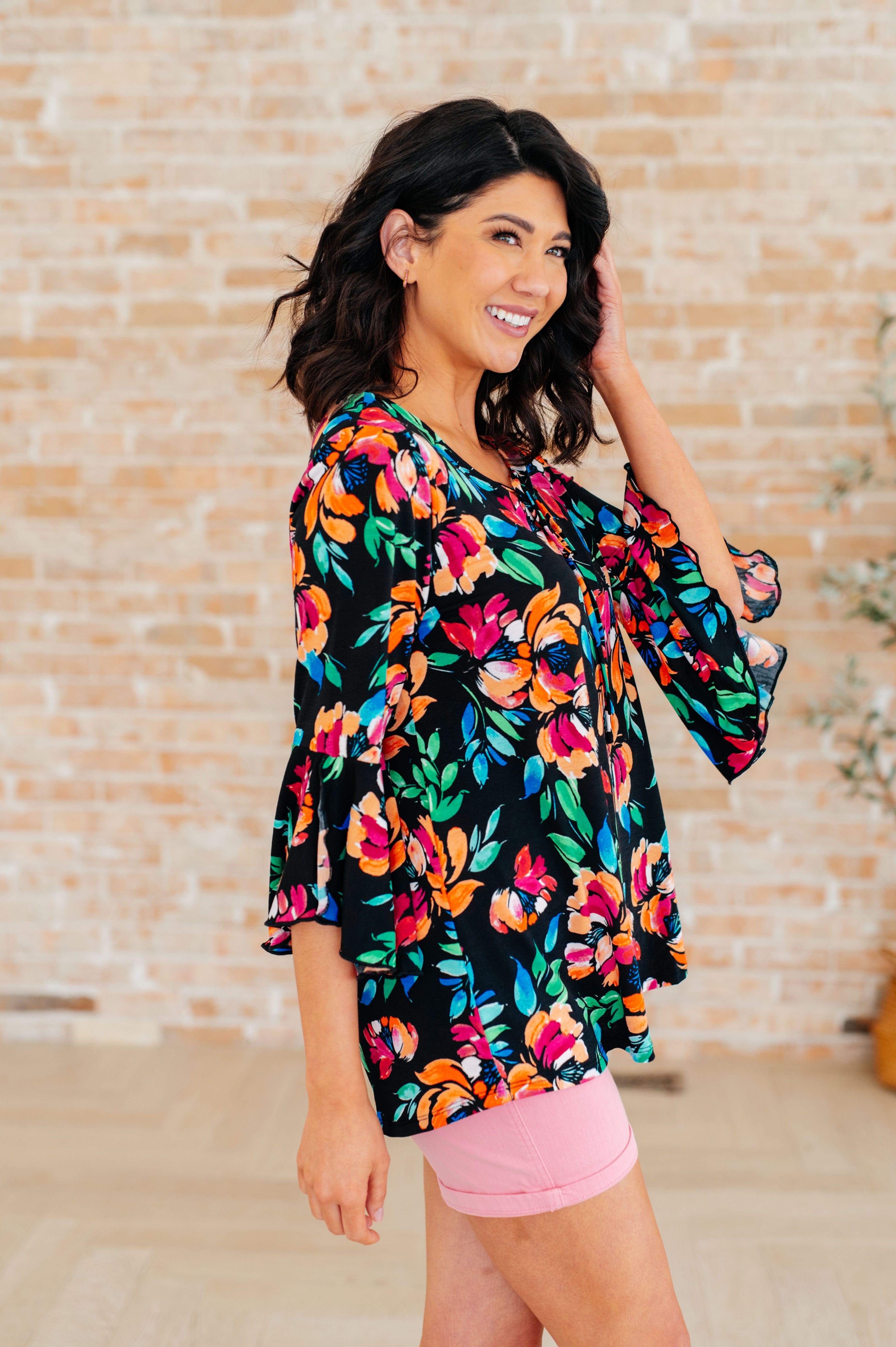 Willow Bell Sleeve Top in Black and Emerald Floral-Tops-Stay Foxy Boutique, Florissant, Missouri