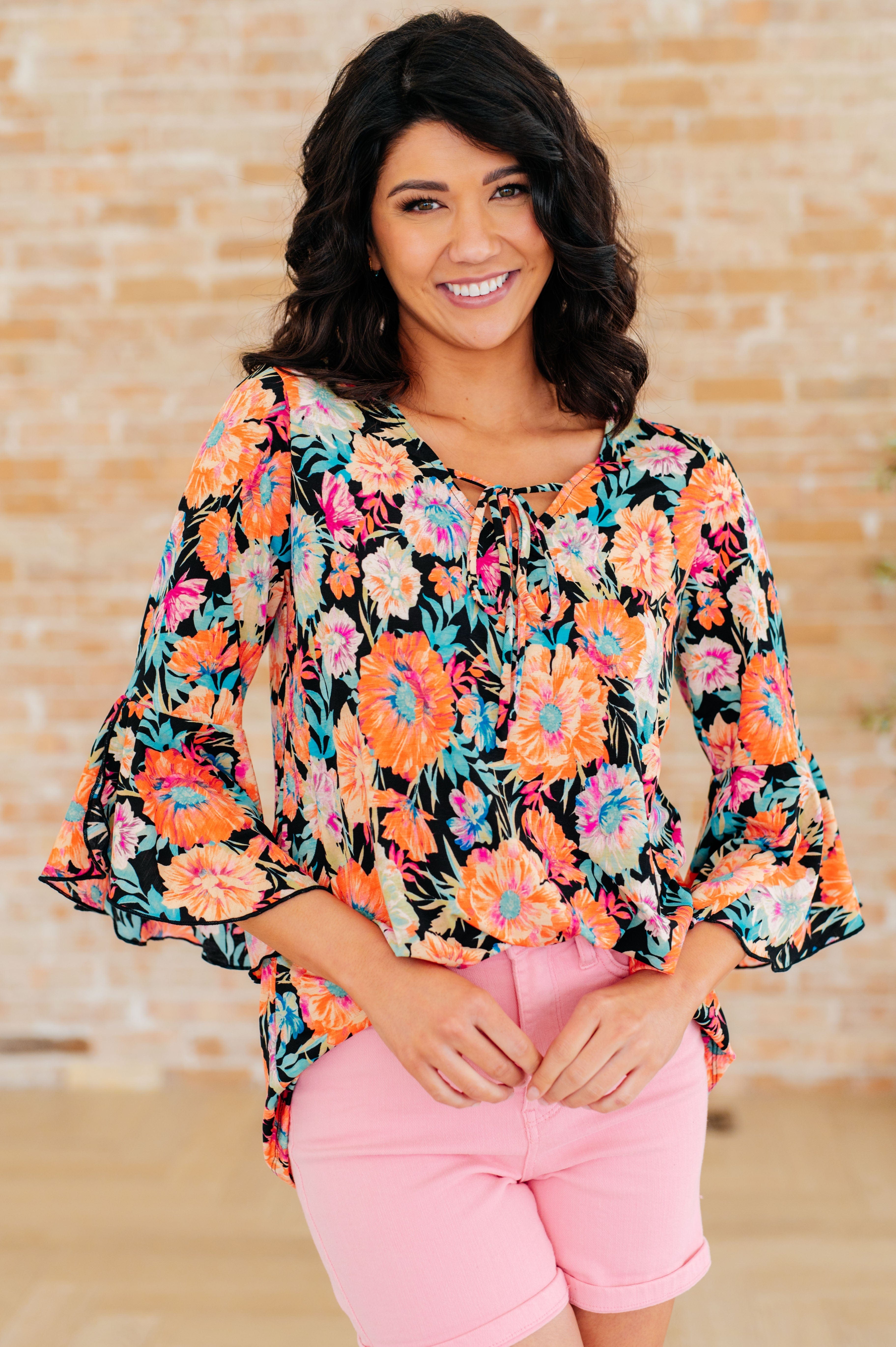 Willow Bell Sleeve Top in Black and Persimmon Floral-Tops-Stay Foxy Boutique, Florissant, Missouri