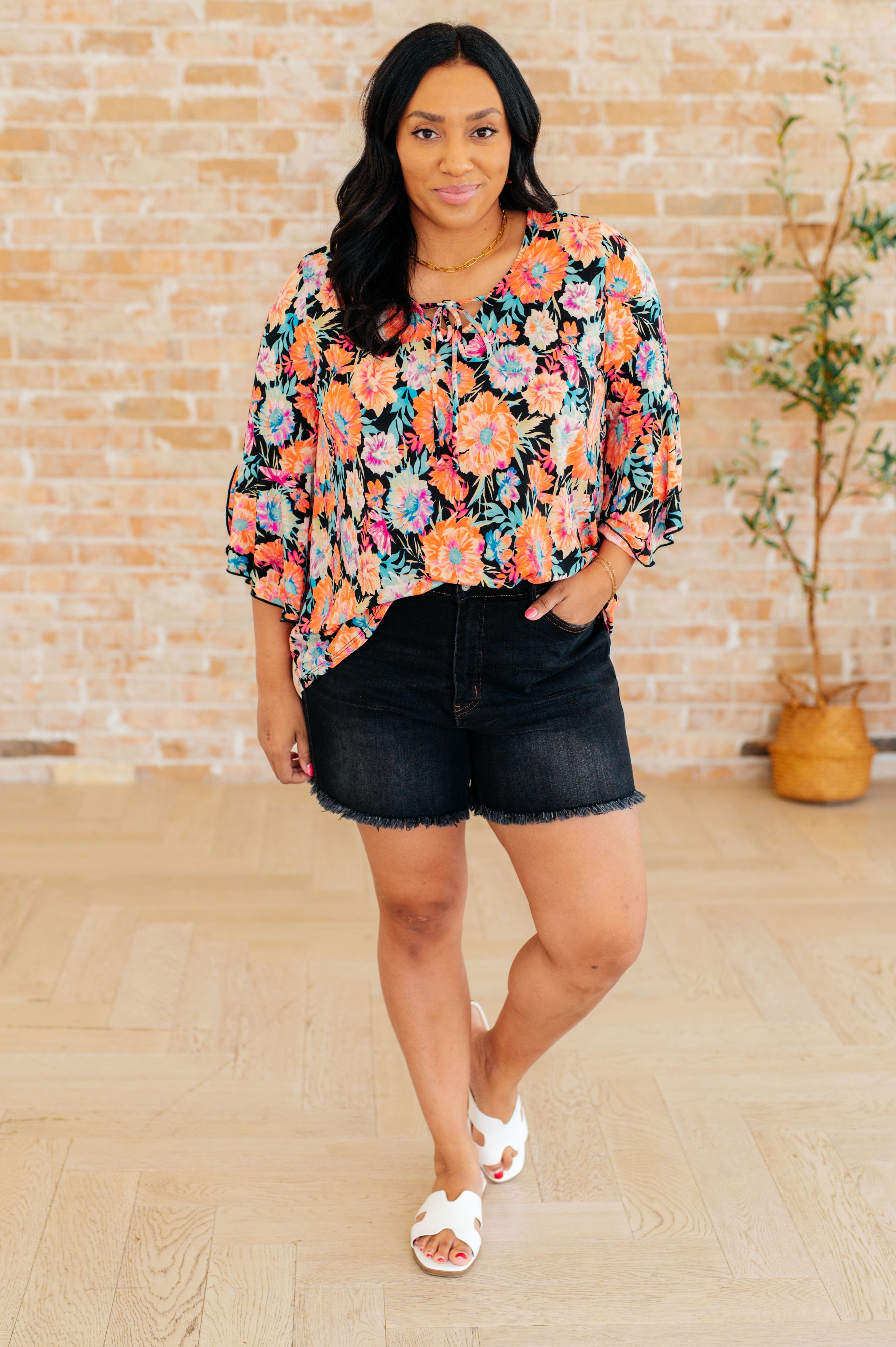 Willow Bell Sleeve Top in Black and Persimmon Floral-Tops-Stay Foxy Boutique, Florissant, Missouri