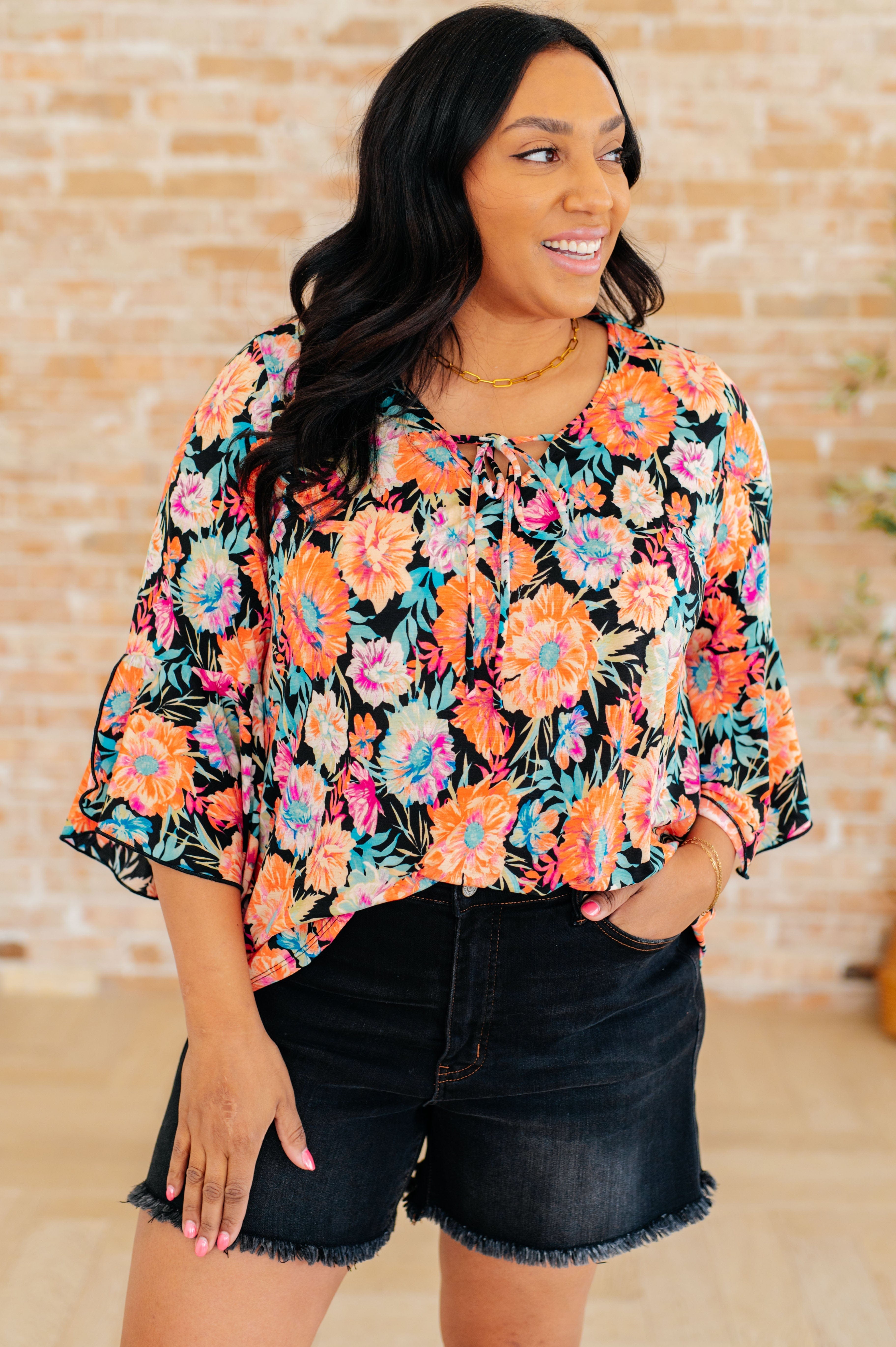 Willow Bell Sleeve Top in Black and Persimmon Floral-Tops-Stay Foxy Boutique, Florissant, Missouri