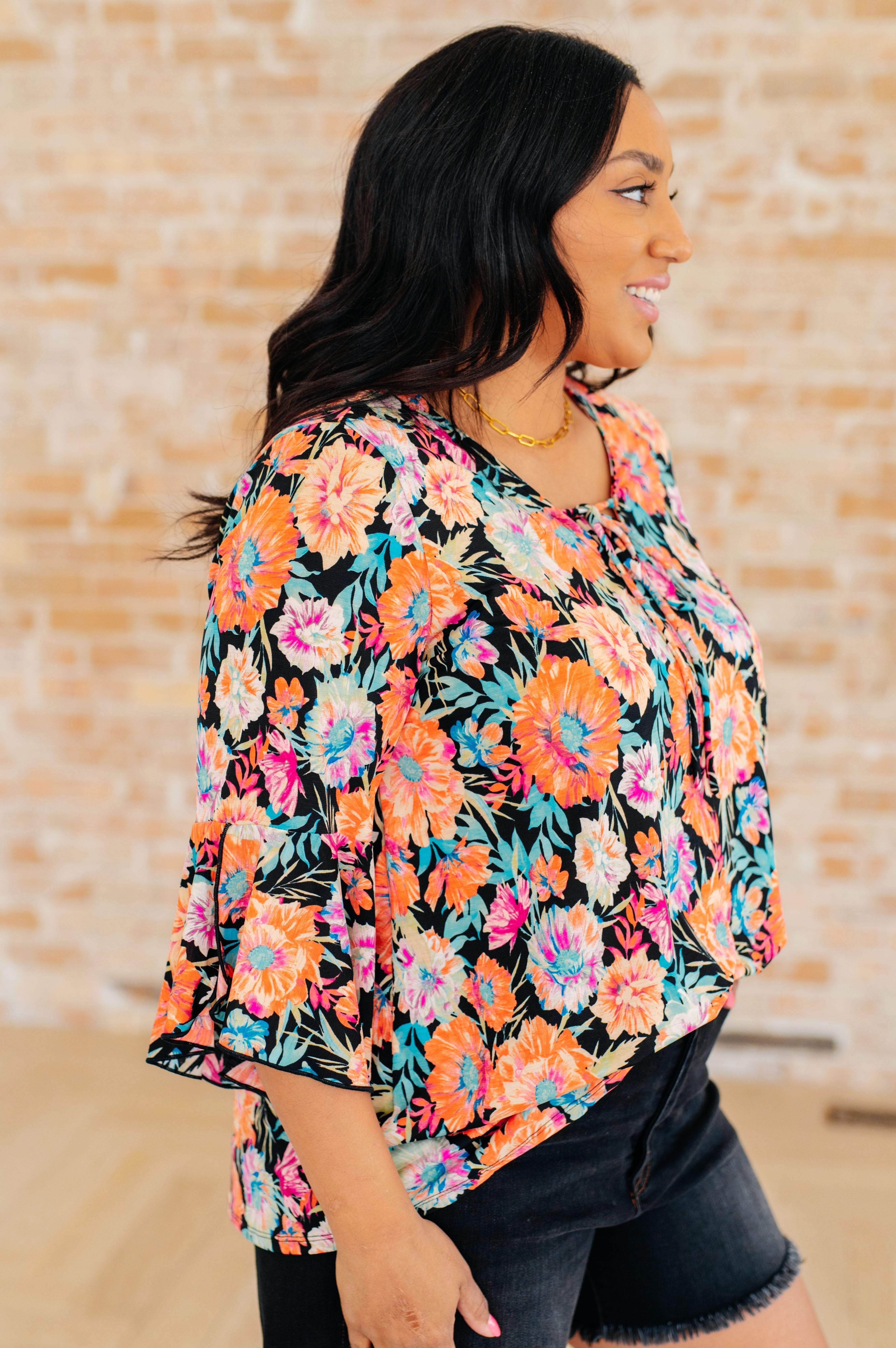 Willow Bell Sleeve Top in Black and Persimmon Floral-Tops-Stay Foxy Boutique, Florissant, Missouri