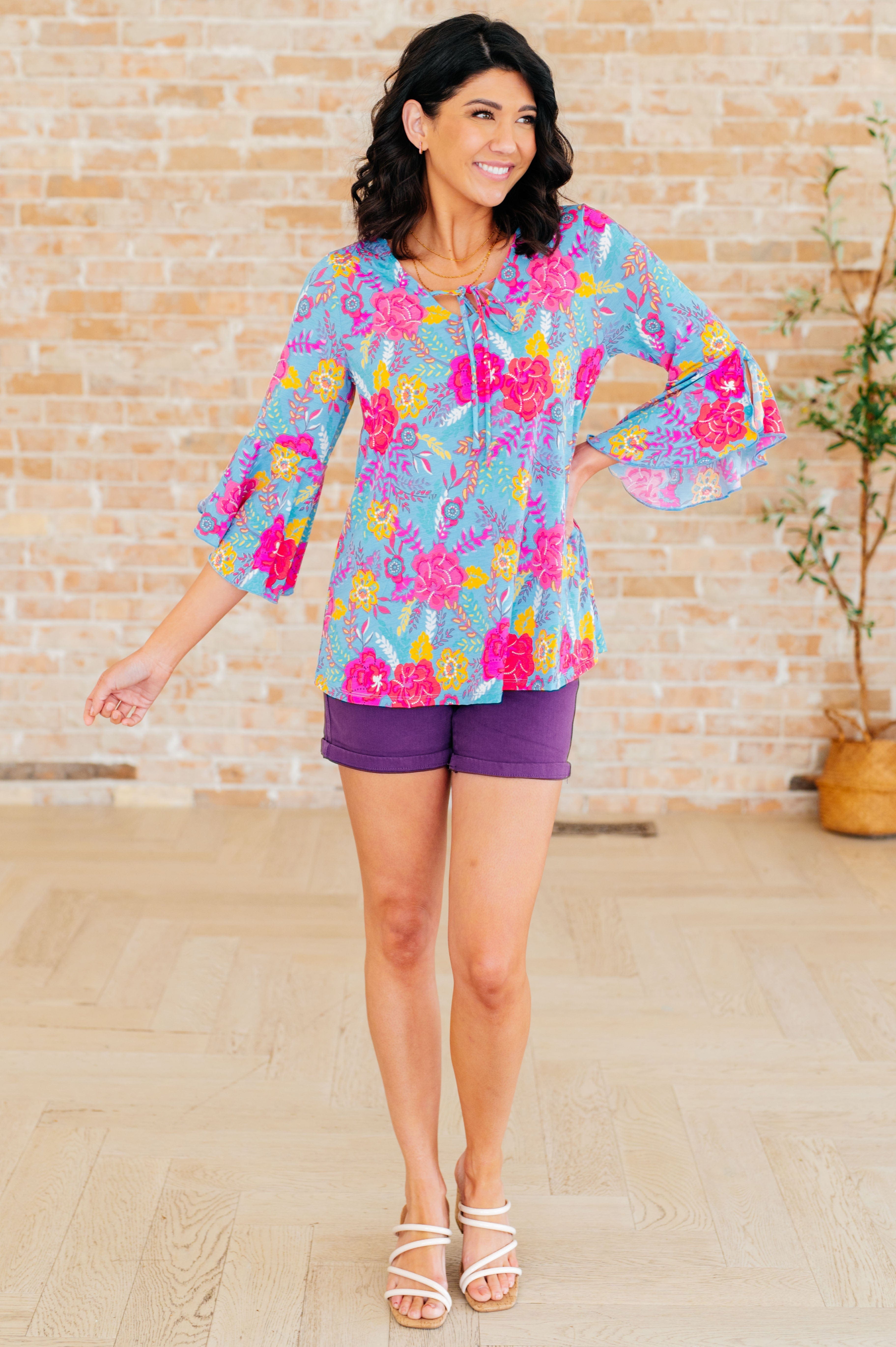 Willow Bell Sleeve Top in Bright Blue Floral-Tops-Stay Foxy Boutique, Florissant, Missouri