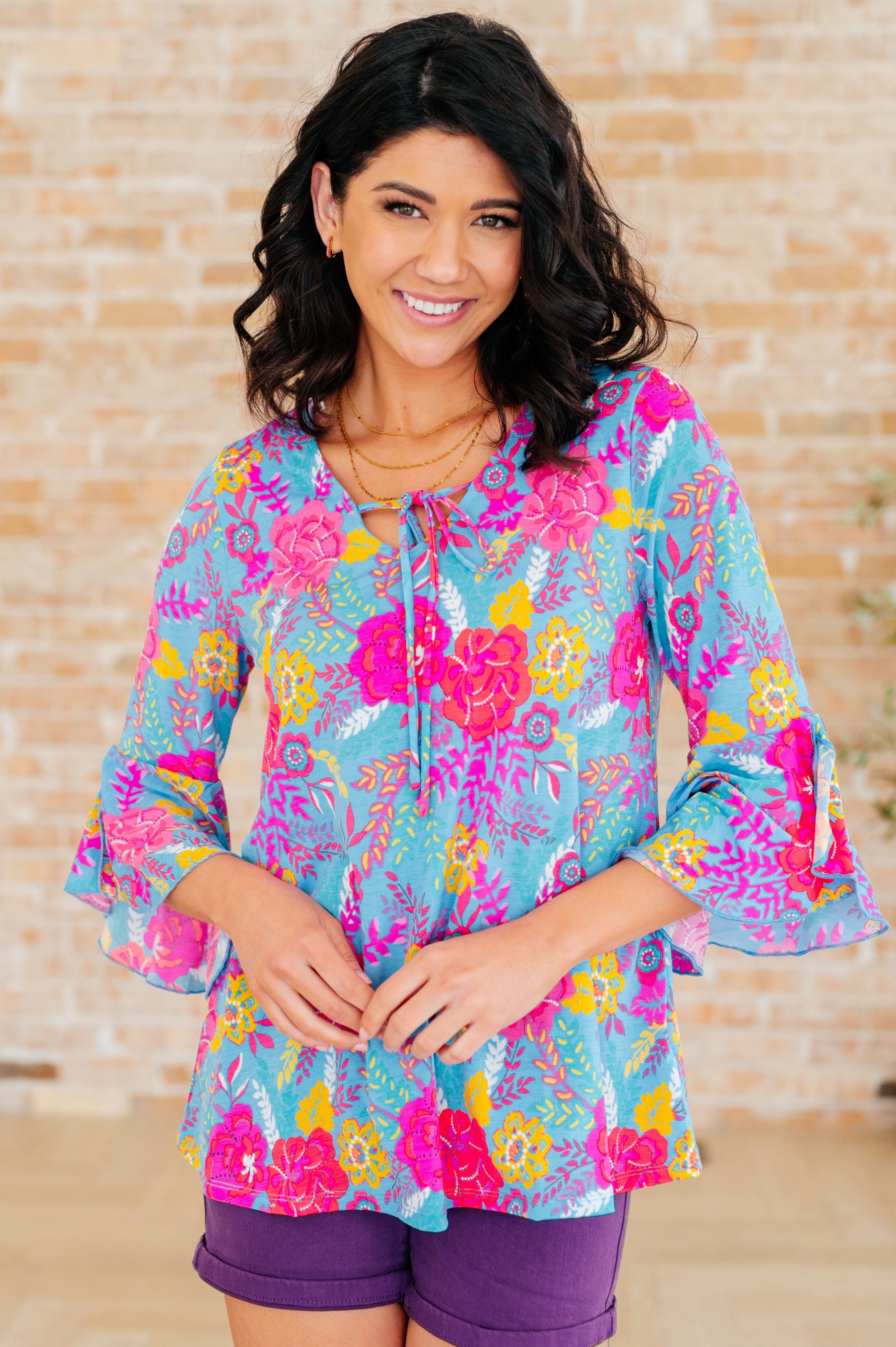 Willow Bell Sleeve Top in Bright Blue Floral-Tops-Stay Foxy Boutique, Florissant, Missouri