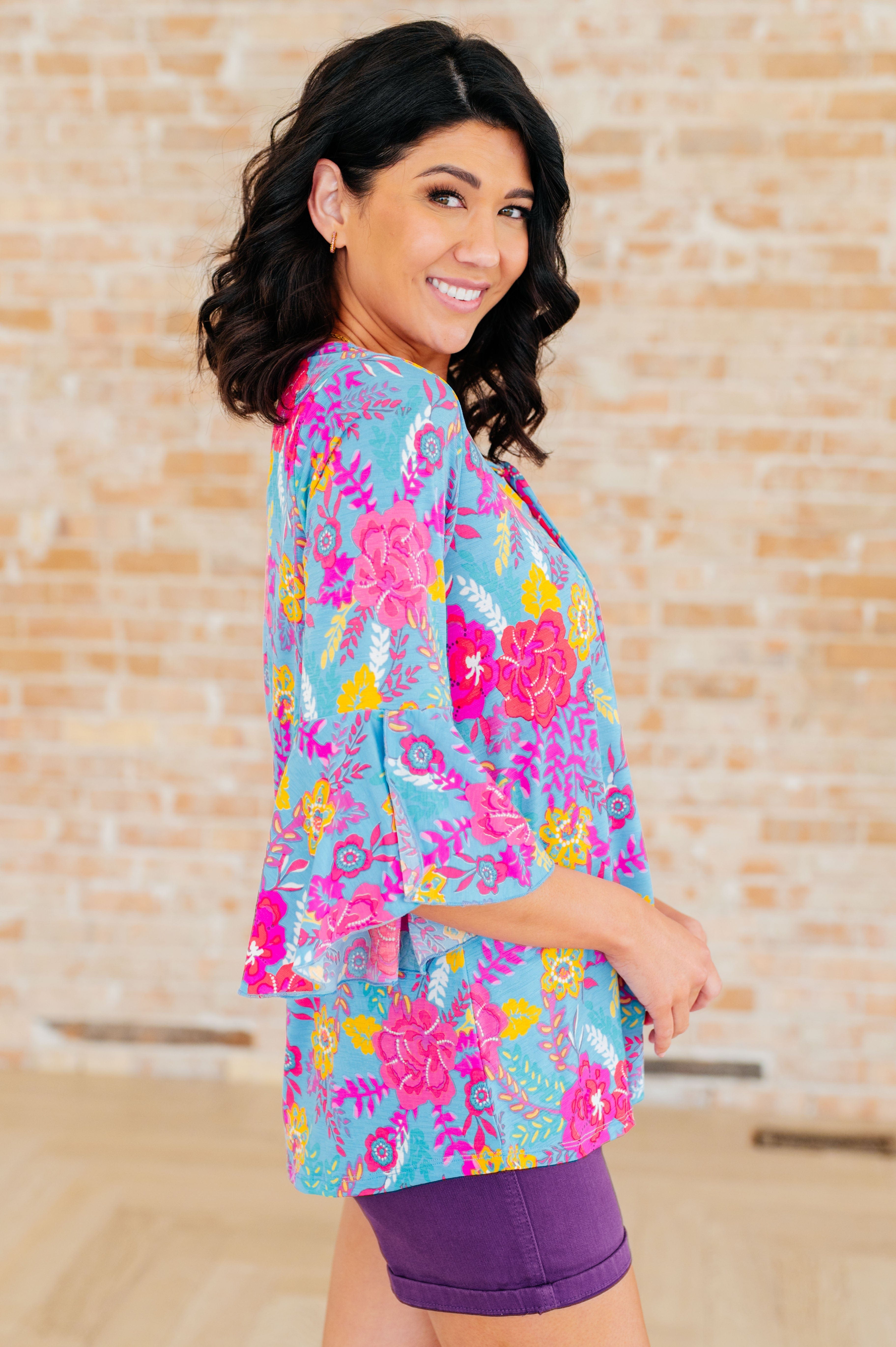 Willow Bell Sleeve Top in Bright Blue Floral-Tops-Stay Foxy Boutique, Florissant, Missouri