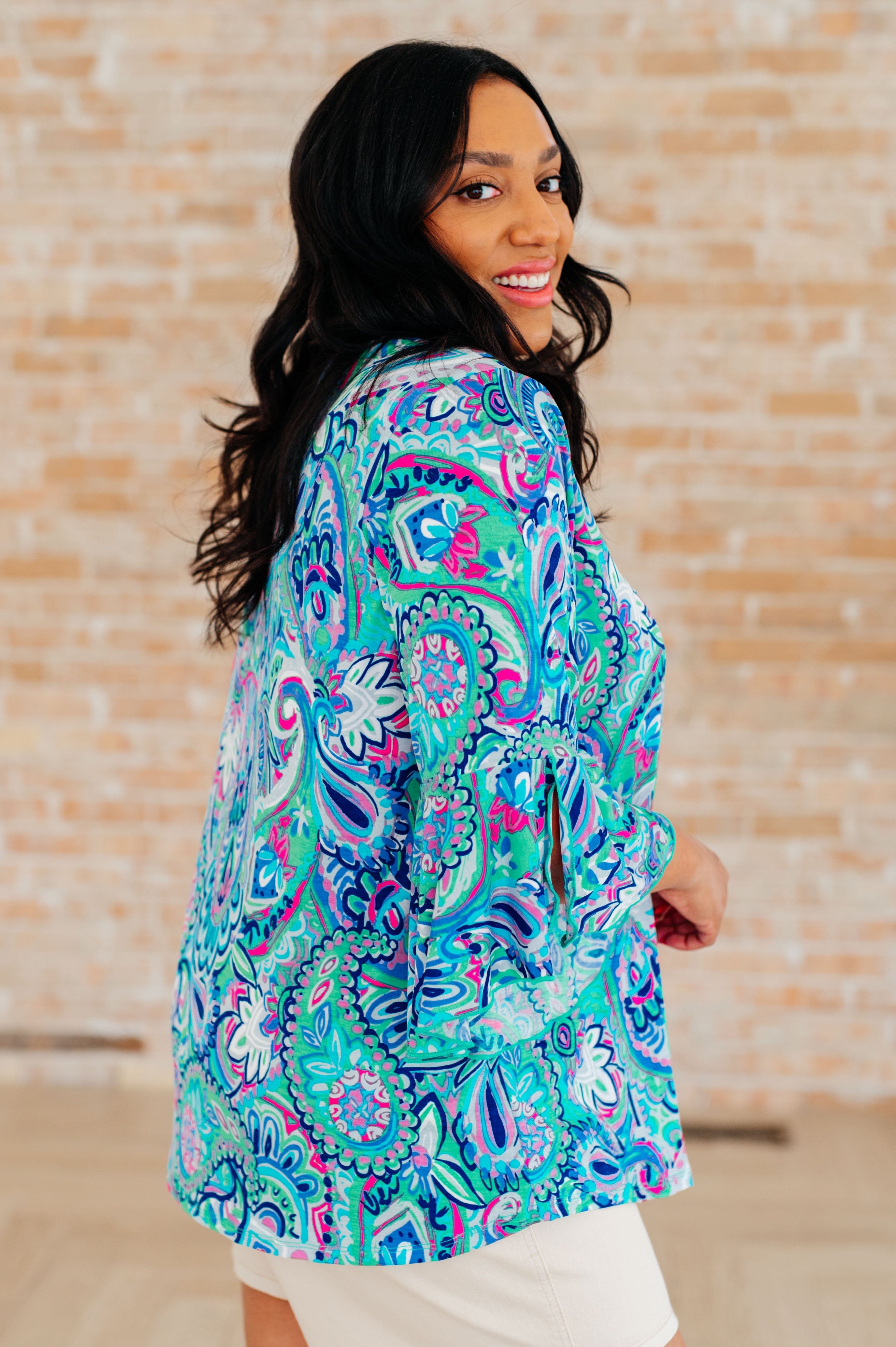 Willow Bell Sleeve Top in Emerald and Royal Paisley-Tops-Stay Foxy Boutique, Florissant, Missouri