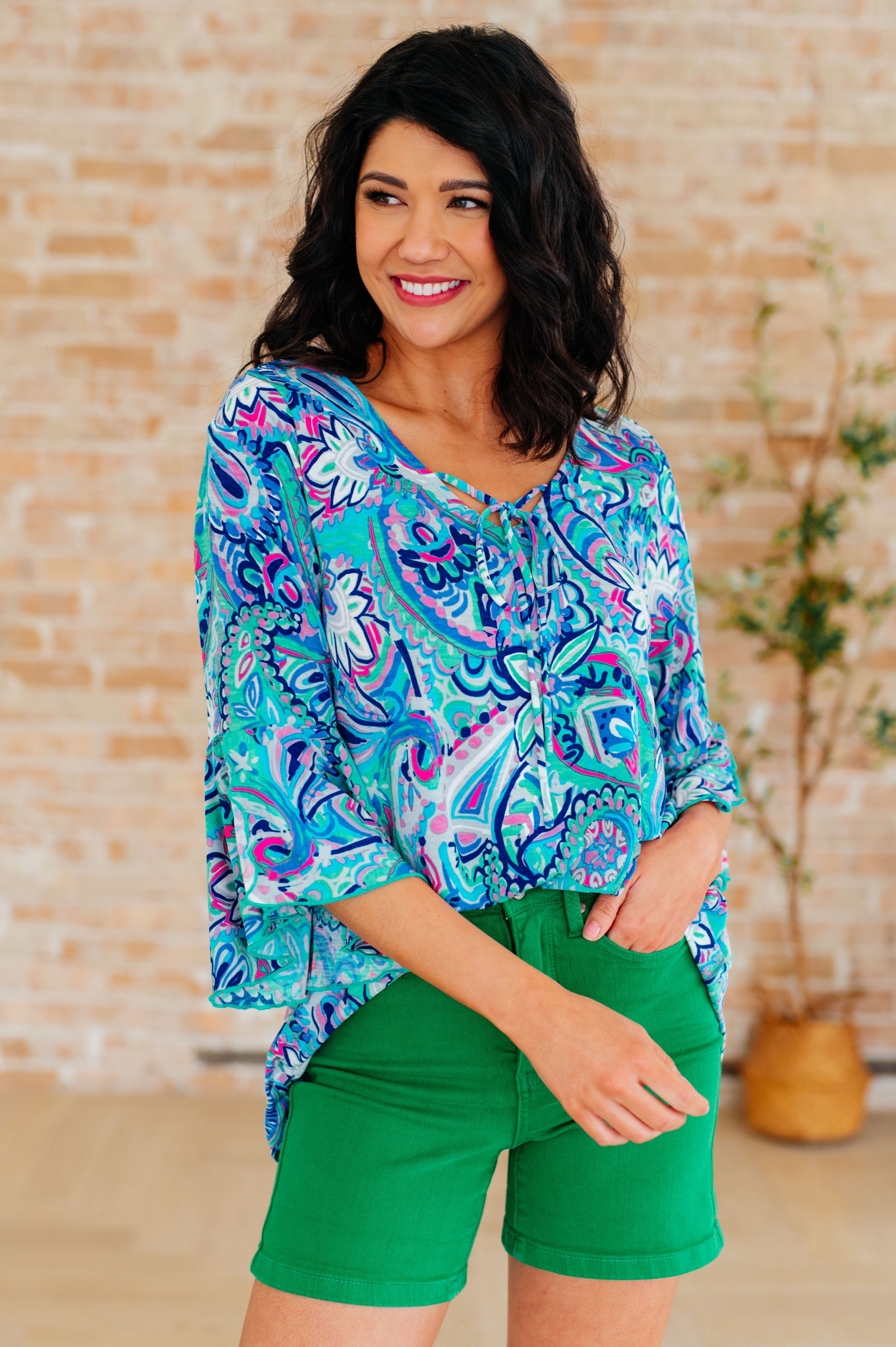 Willow Bell Sleeve Top in Emerald and Royal Paisley-Tops-Stay Foxy Boutique, Florissant, Missouri