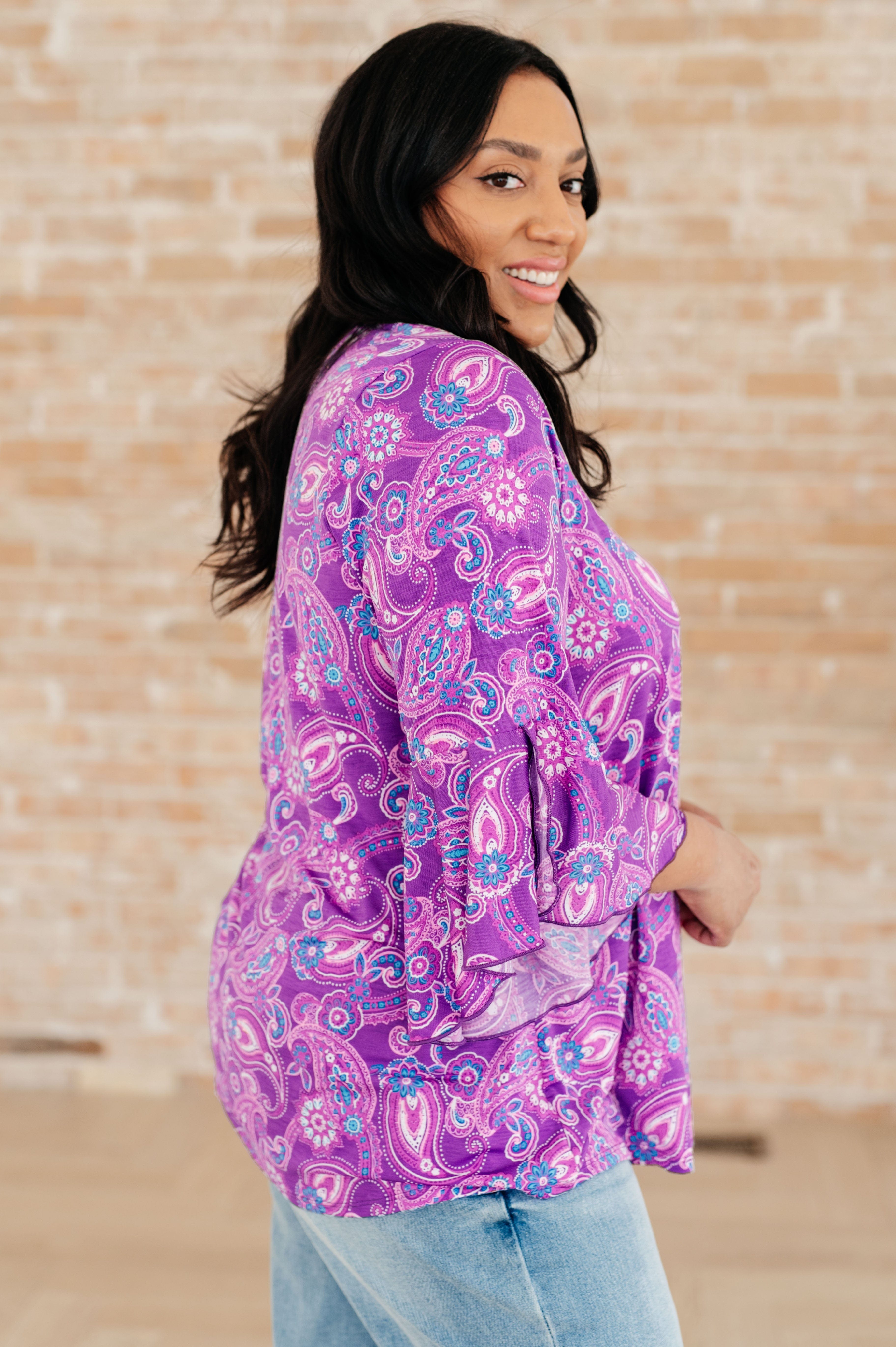 Willow Bell Sleeve Top in Lavender Paisley-Tops-Stay Foxy Boutique, Florissant, Missouri