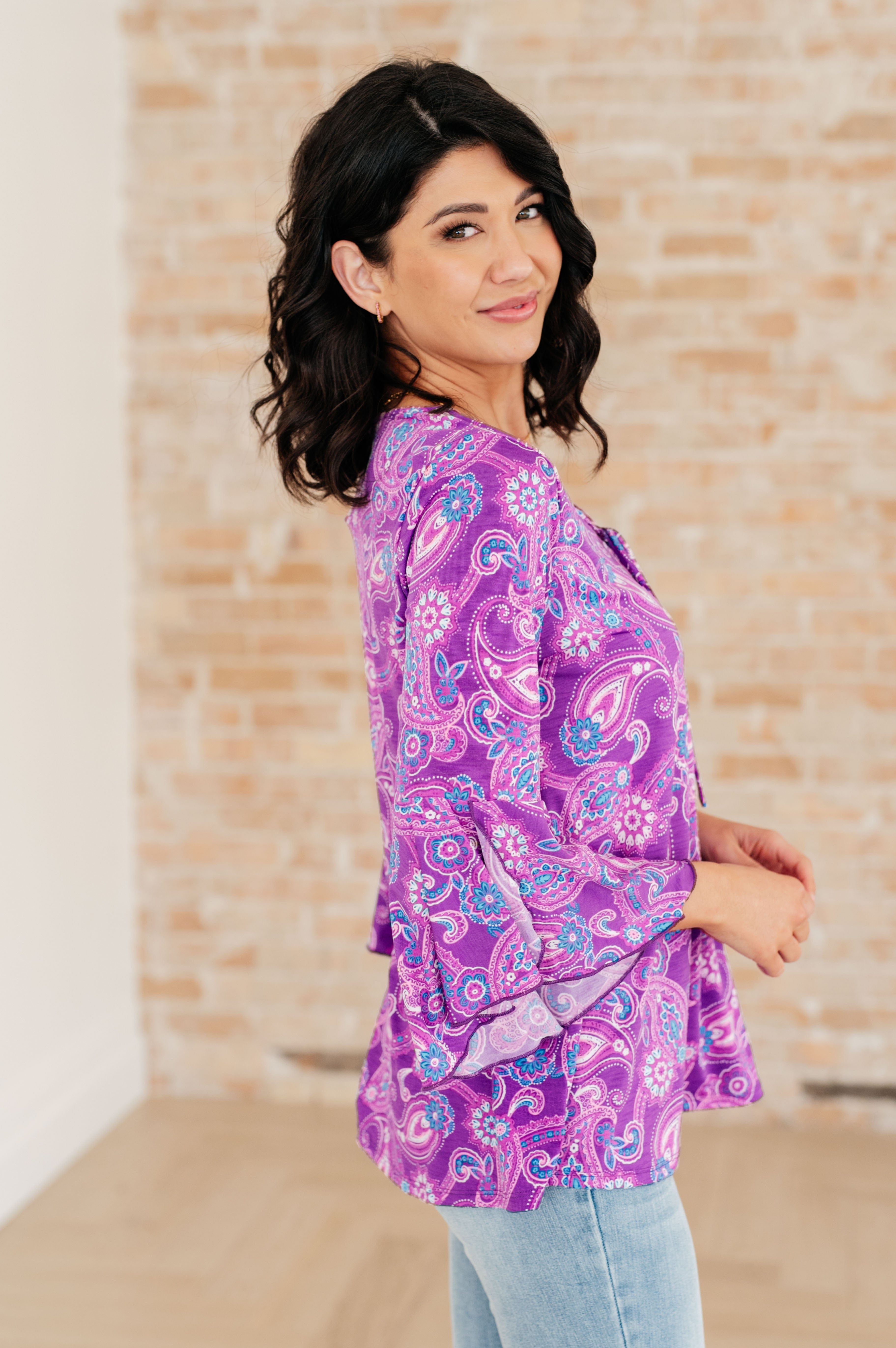 Willow Bell Sleeve Top in Lavender Paisley-Tops-Stay Foxy Boutique, Florissant, Missouri