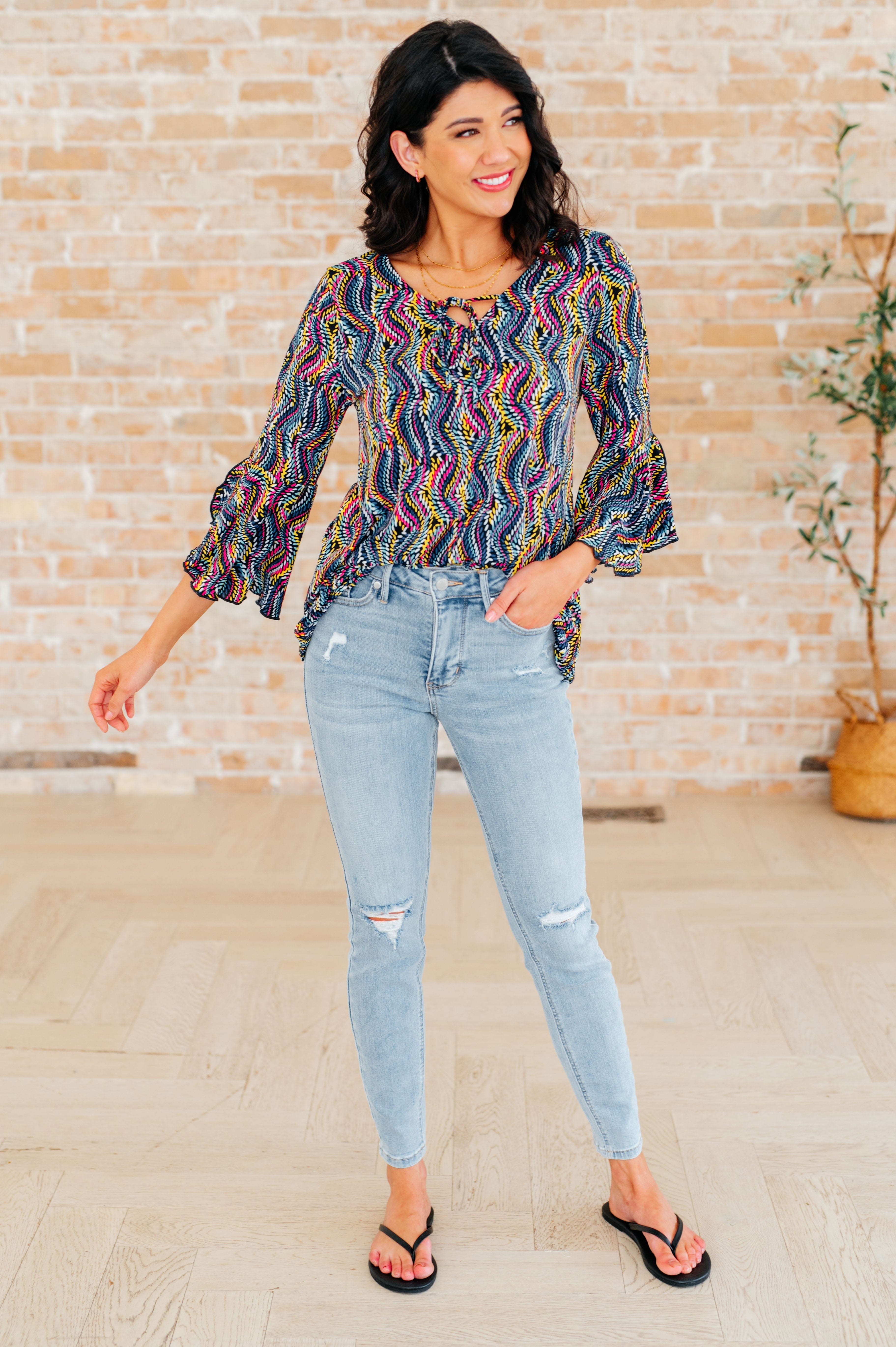Willow Bell Sleeve Top in Navy Rainbow Rope-Tops-Stay Foxy Boutique, Florissant, Missouri