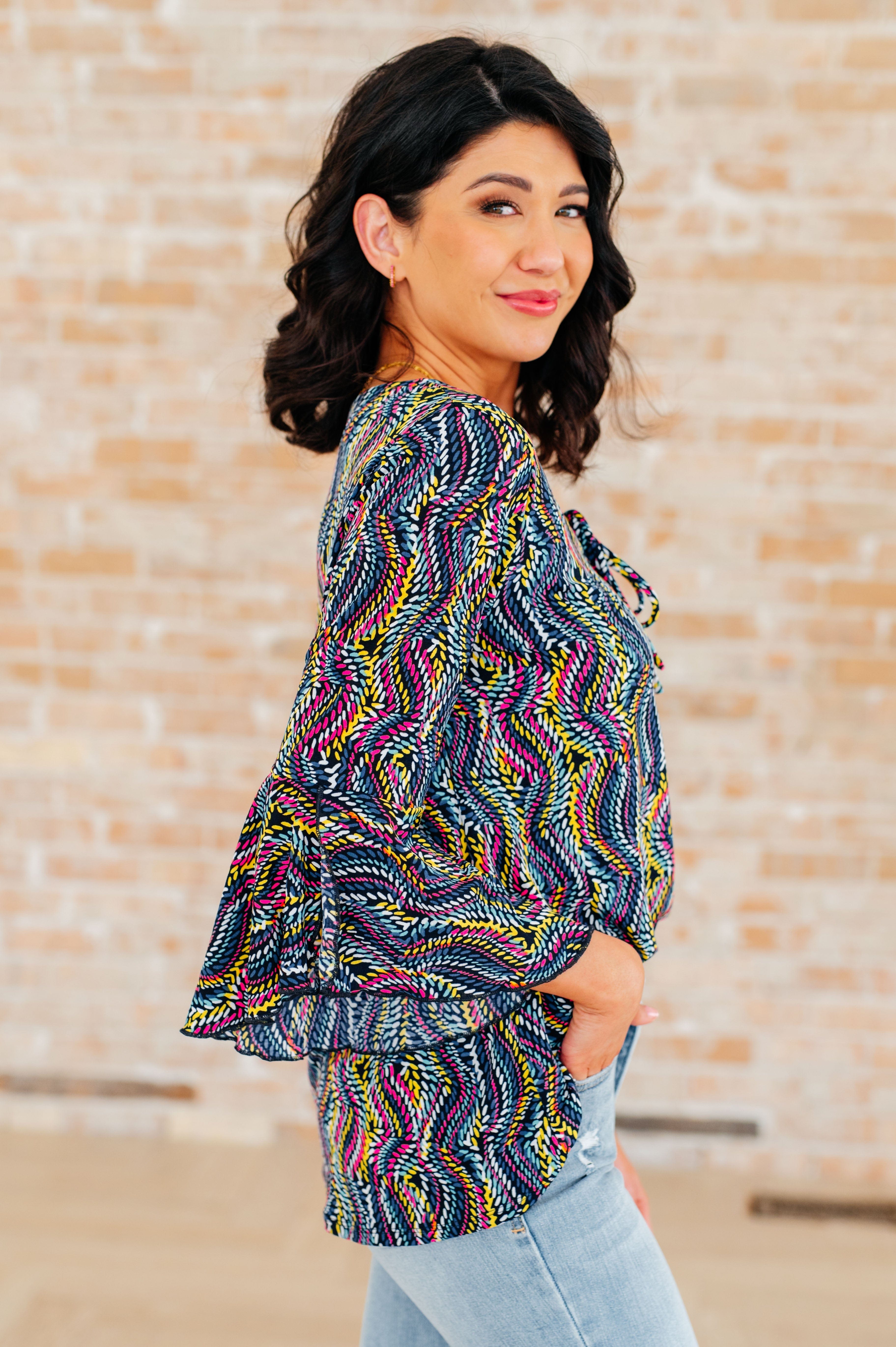 Willow Bell Sleeve Top in Navy Rainbow Rope-Tops-Stay Foxy Boutique, Florissant, Missouri