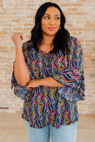 Willow Bell Sleeve Top in Navy Rainbow Rope-Tops-Stay Foxy Boutique, Florissant, Missouri