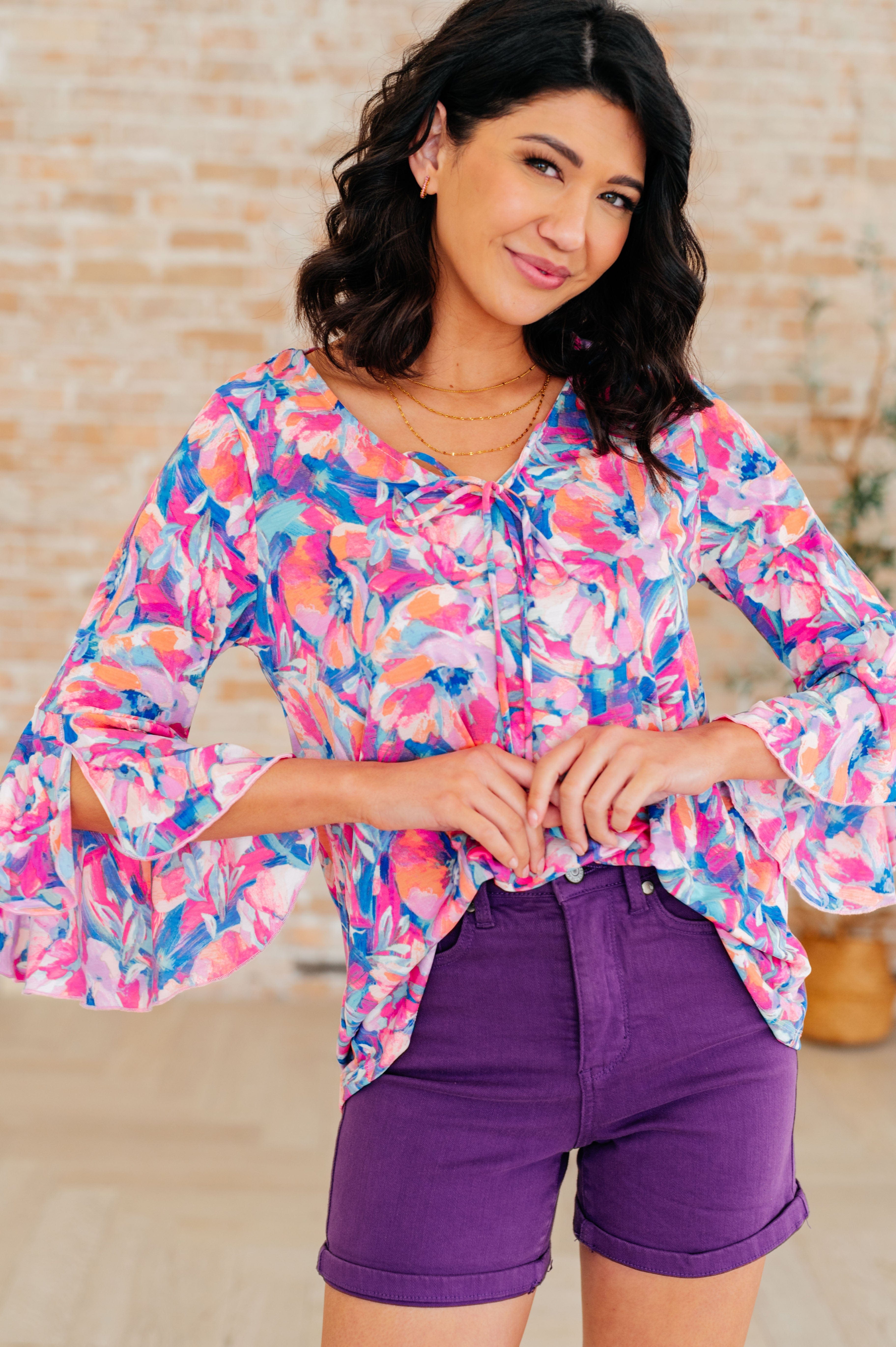 Willow Bell Sleeve Top in Royal Brushed Floral-Tops-Stay Foxy Boutique, Florissant, Missouri