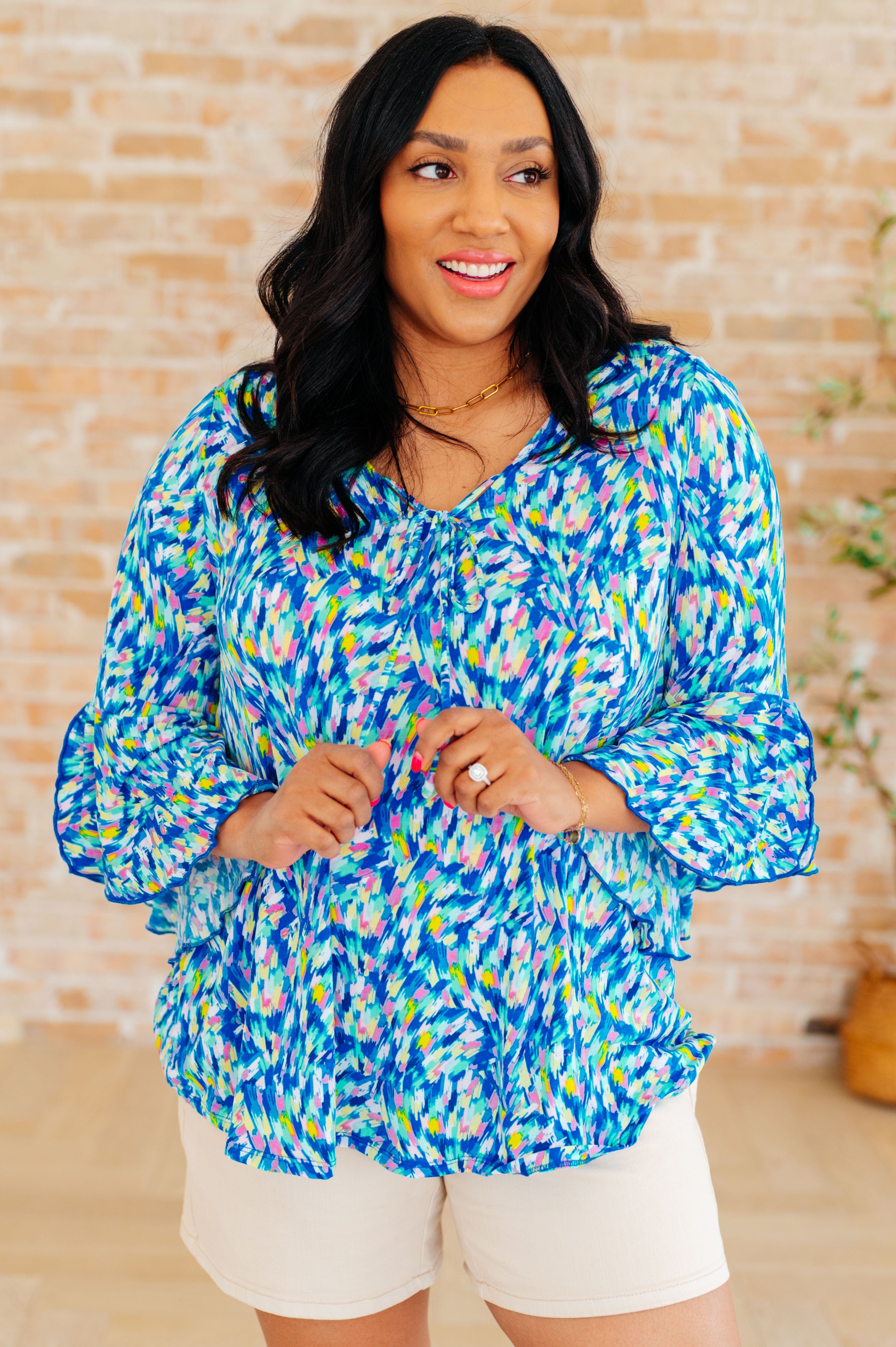 Willow Bell Sleeve Top in Royal Brushed Multi-Tops-Stay Foxy Boutique, Florissant, Missouri