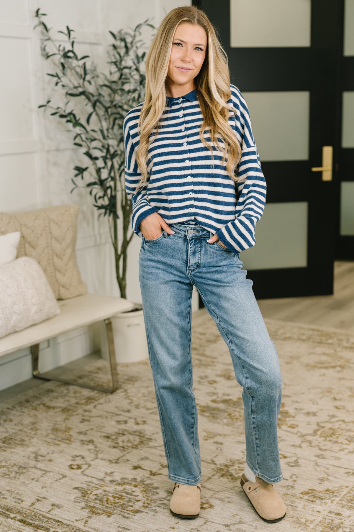 Won't Be Long Collared Sweater Button Down in Navy-Womens-Stay Foxy Boutique, Florissant, Missouri