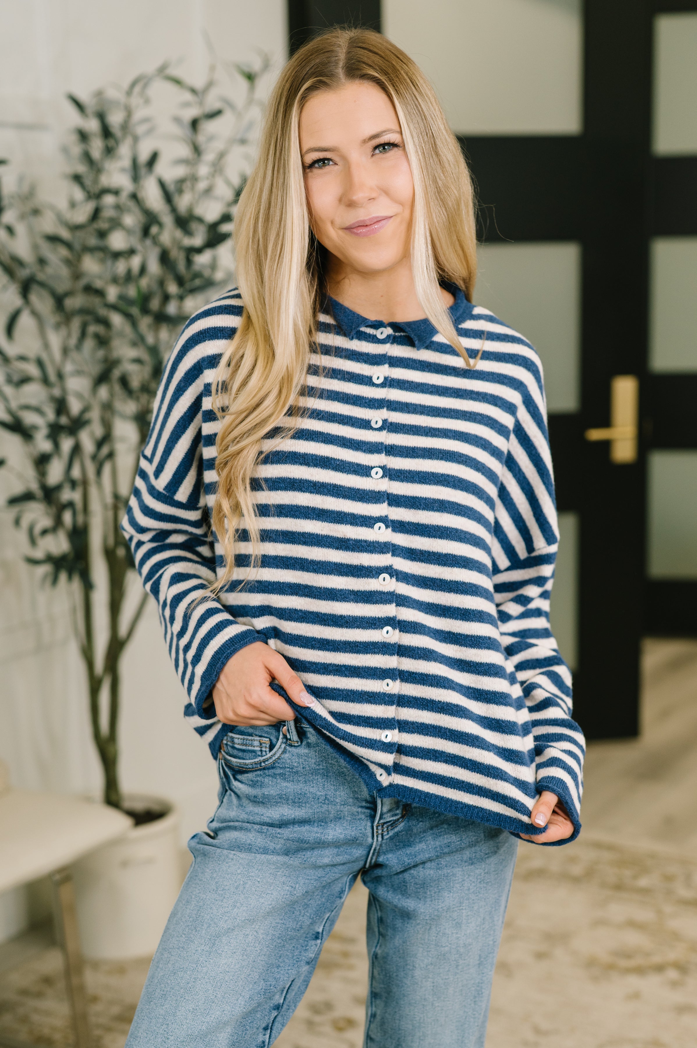Won't Be Long Collared Sweater Button Down in Navy-Womens-Stay Foxy Boutique, Florissant, Missouri