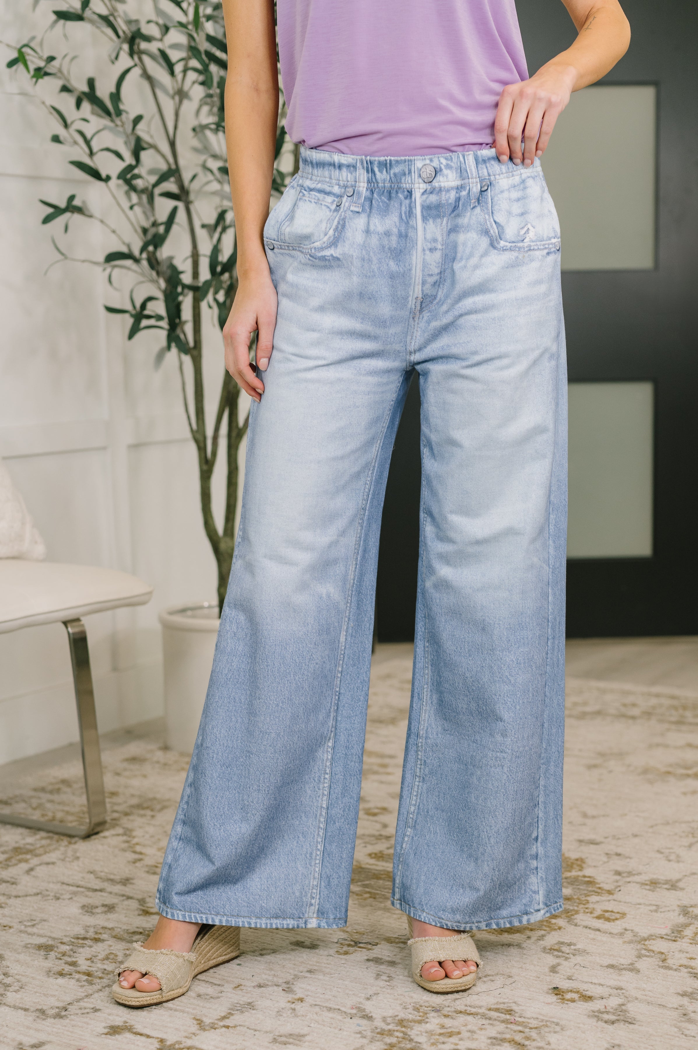 Zenim Printed Wide Leg Bottoms in Light Wash-Womens-Stay Foxy Boutique, Florissant, Missouri