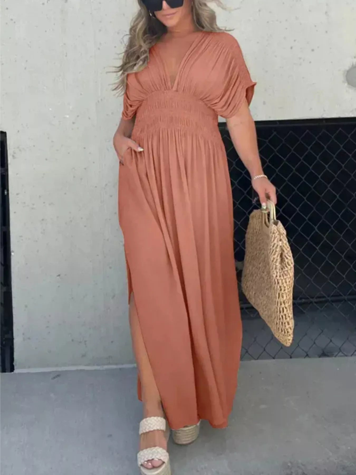 Full Size Slit V-Neck Smocked Waist Maxi Dress Plus Size-Stay Foxy Boutique, Florissant, Missouri