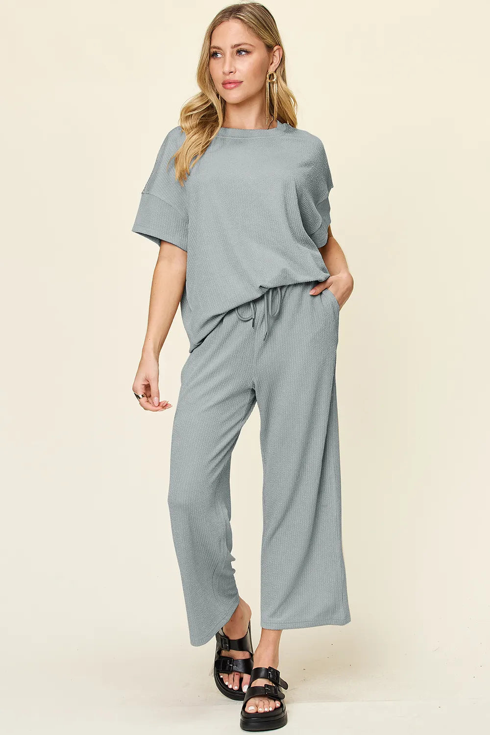 Double Take Full Size Texture Round Neck Short Sleeve T-Shirt and Wide Leg Pants-Stay Foxy Boutique, Florissant, Missouri