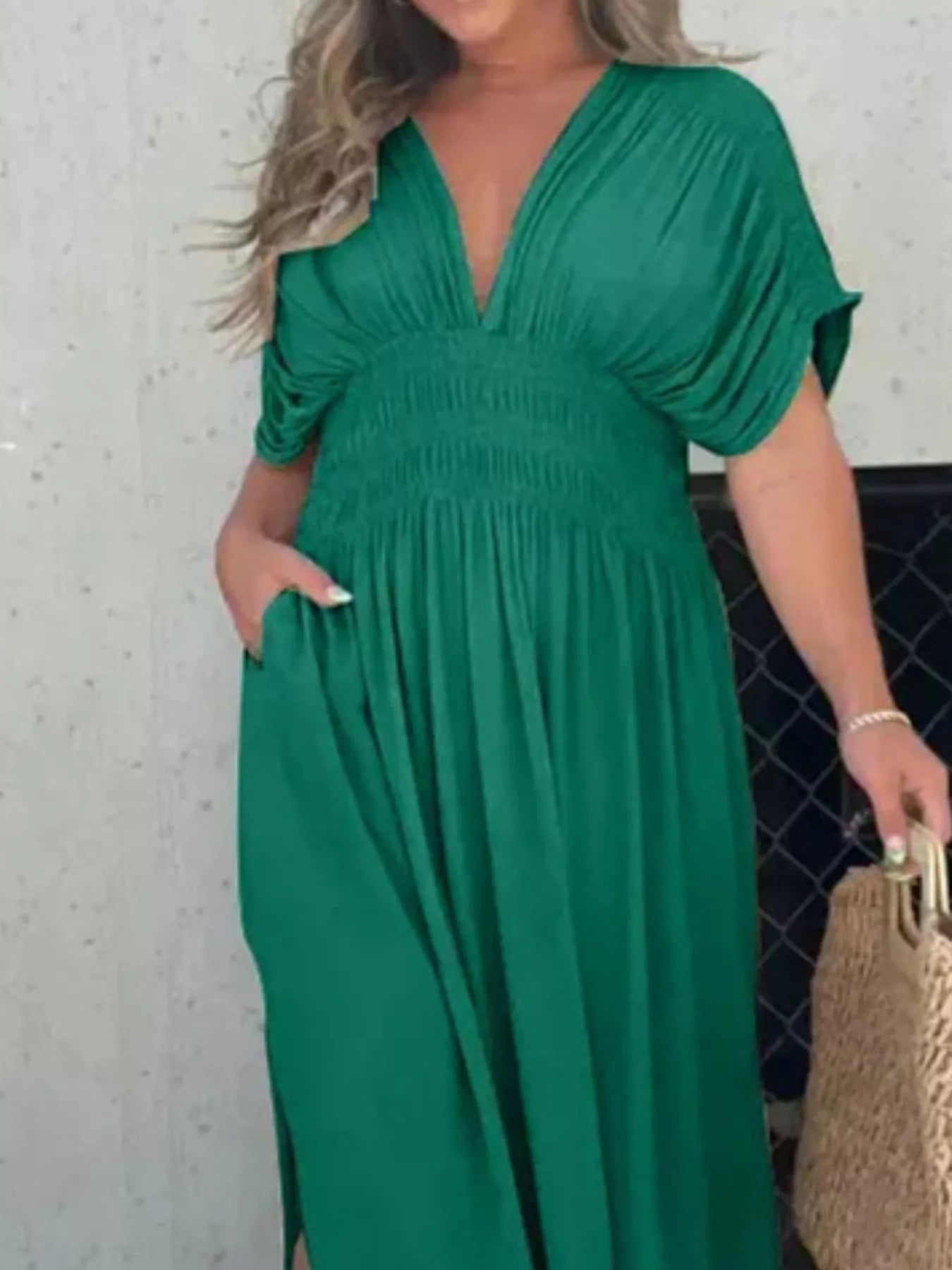 Full Size Slit V-Neck Smocked Waist Maxi Dress Plus Size-Stay Foxy Boutique, Florissant, Missouri