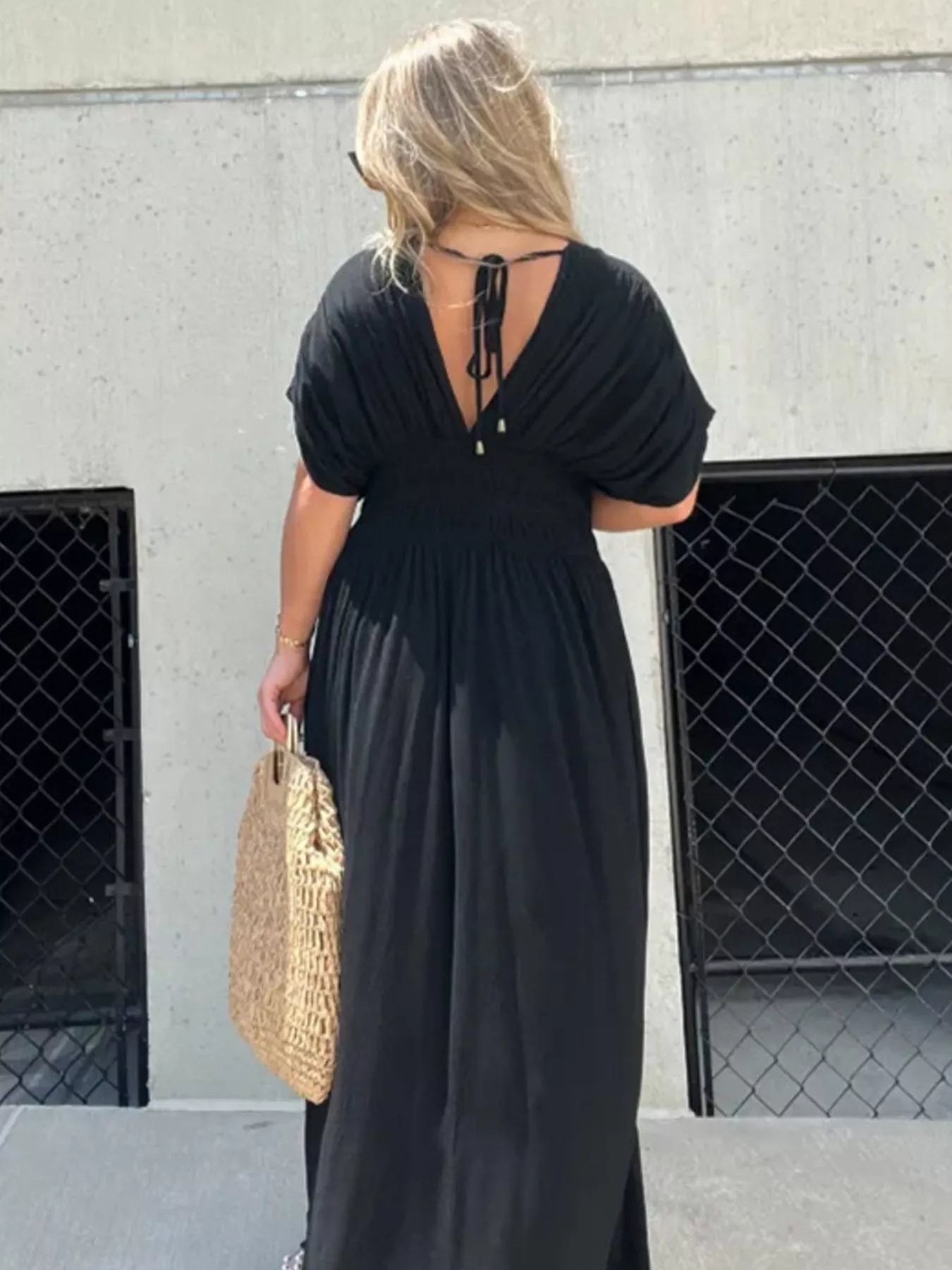 Full Size Slit V-Neck Smocked Waist Maxi Dress Plus Size-Stay Foxy Boutique, Florissant, Missouri