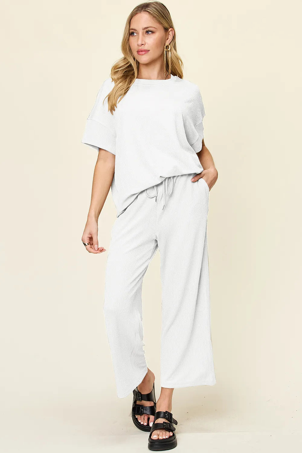 Double Take Full Size Texture Round Neck Short Sleeve T-Shirt and Wide Leg Pants-Stay Foxy Boutique, Florissant, Missouri