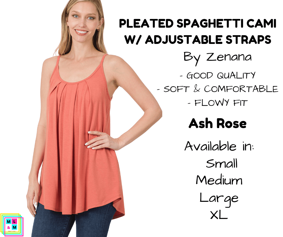 Pleated Spaghetti Strap Cami - Ash Rose-Tank Top-Stay Foxy Boutique, Florissant, Missouri