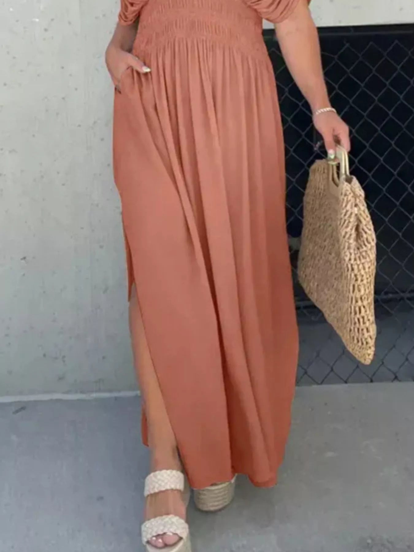 Full Size Slit V-Neck Smocked Waist Maxi Dress Plus Size-Stay Foxy Boutique, Florissant, Missouri
