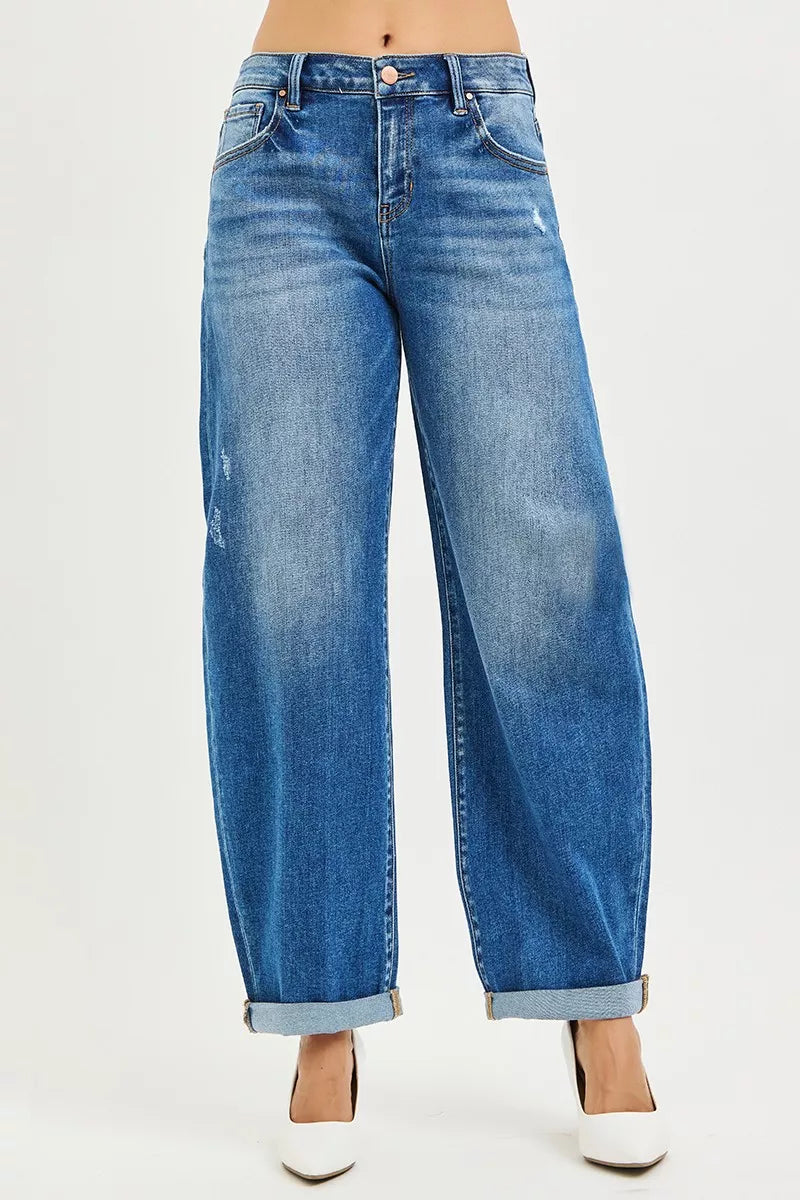 RISEN Full Size Mid Rise Barrel Double Roll Up Jeans Plus Size-Stay Foxy Boutique, Florissant, Missouri