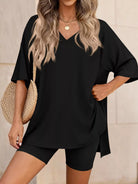 Full Size Casual Loose V-Neck T-Shirt & Shorts Set Plus Size-Stay Foxy Boutique, Florissant, Missouri