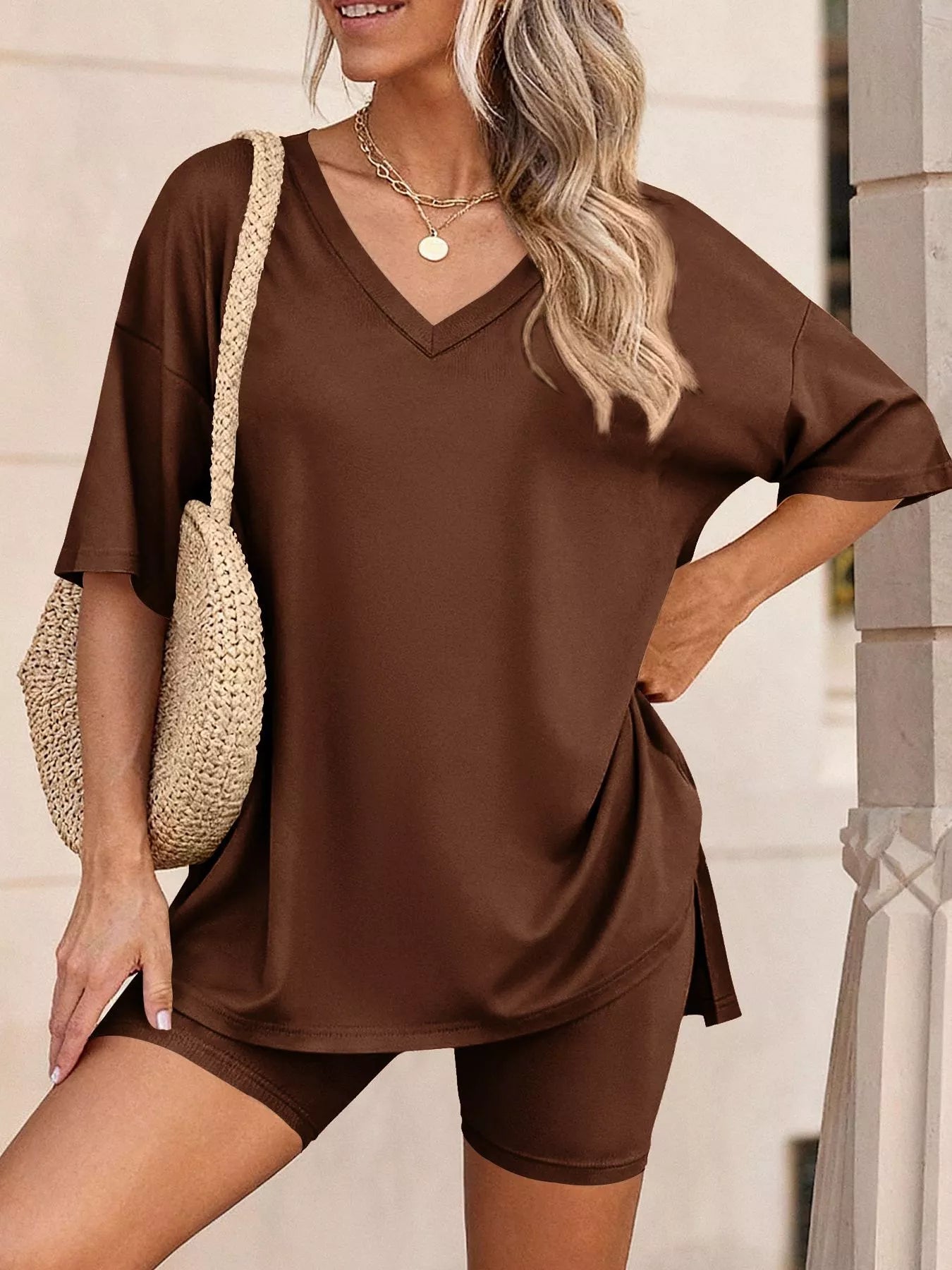 Full Size Casual Loose V-Neck T-Shirt & Shorts Set Plus Size-Stay Foxy Boutique, Florissant, Missouri