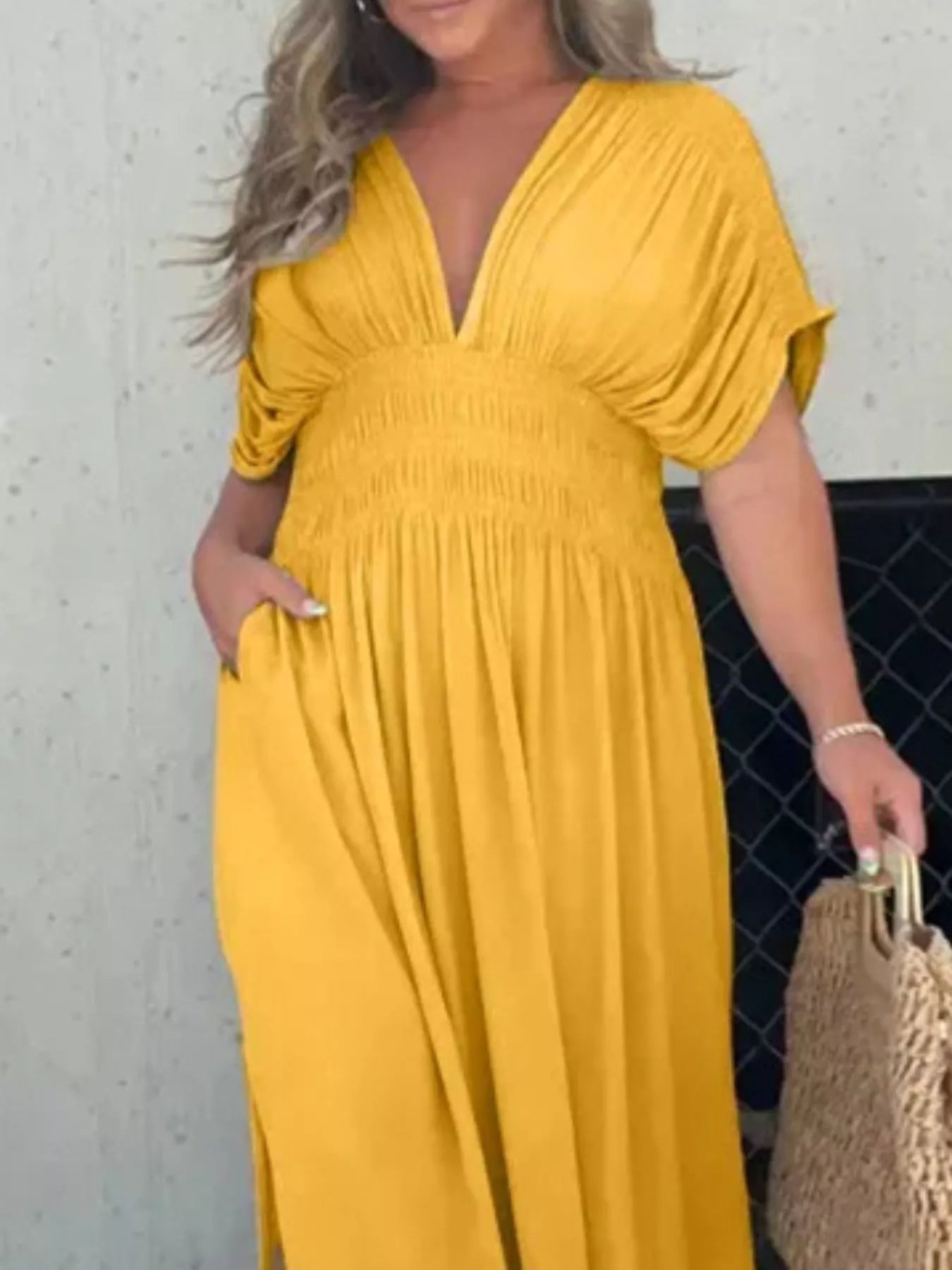 Full Size Slit V-Neck Smocked Waist Maxi Dress Plus Size-Stay Foxy Boutique, Florissant, Missouri