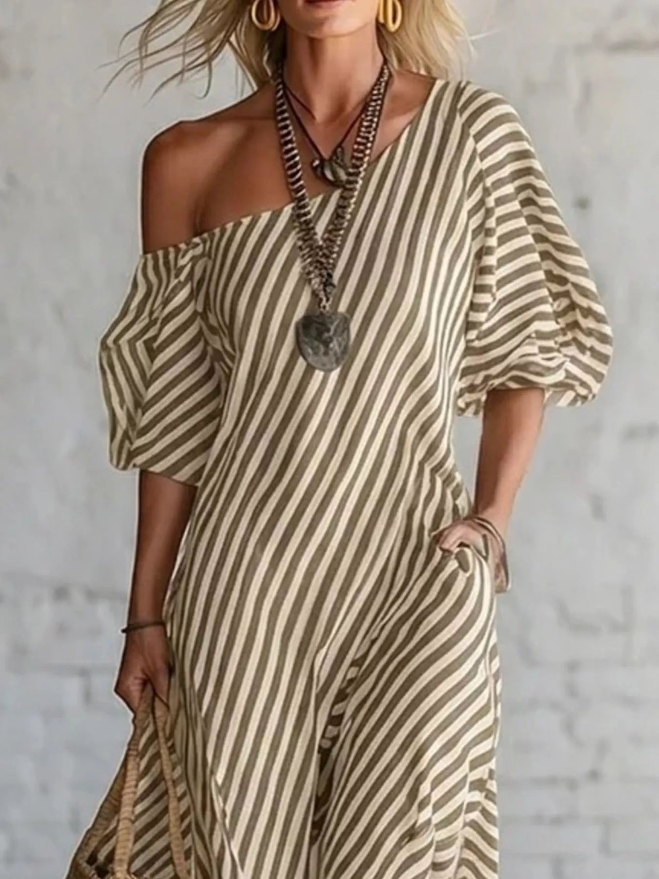 Full Size Striped One-Shoulder Casual Maxi Dress Plus Size-Stay Foxy Boutique, Florissant, Missouri