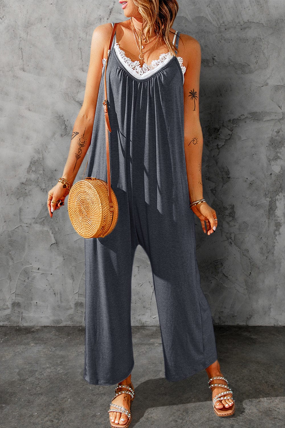 Full Size Spaghetti Strap Wide Leg Jumpsuit-Stay Foxy Boutique, Florissant, Missouri