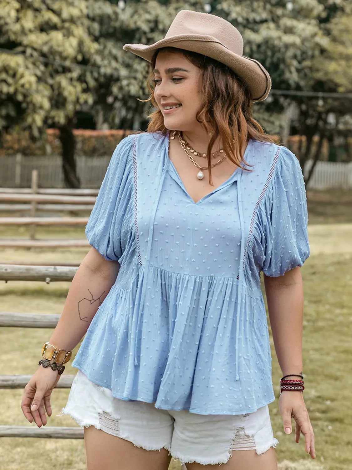 Plus Size Swiss Dot Tie Neck Short Sleeve Blouse-Stay Foxy Boutique, Florissant, Missouri