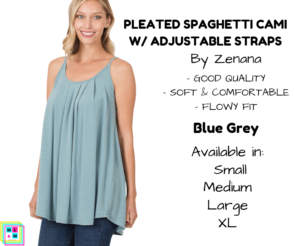 Pleated Spaghetti Strap Cami - Blue Grey-Tank Top-Stay Foxy Boutique, Florissant, Missouri