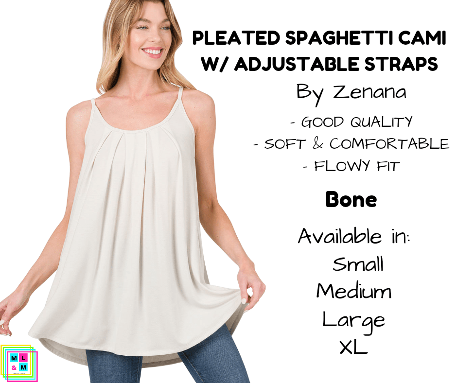 Pleated Spaghetti Strap Cami - Bone-Tank Top-Stay Foxy Boutique, Florissant, Missouri