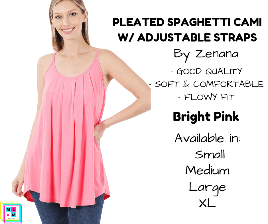 Pleated Spaghetti Strap Cami - Bright Pink-Tank Top-Stay Foxy Boutique, Florissant, Missouri