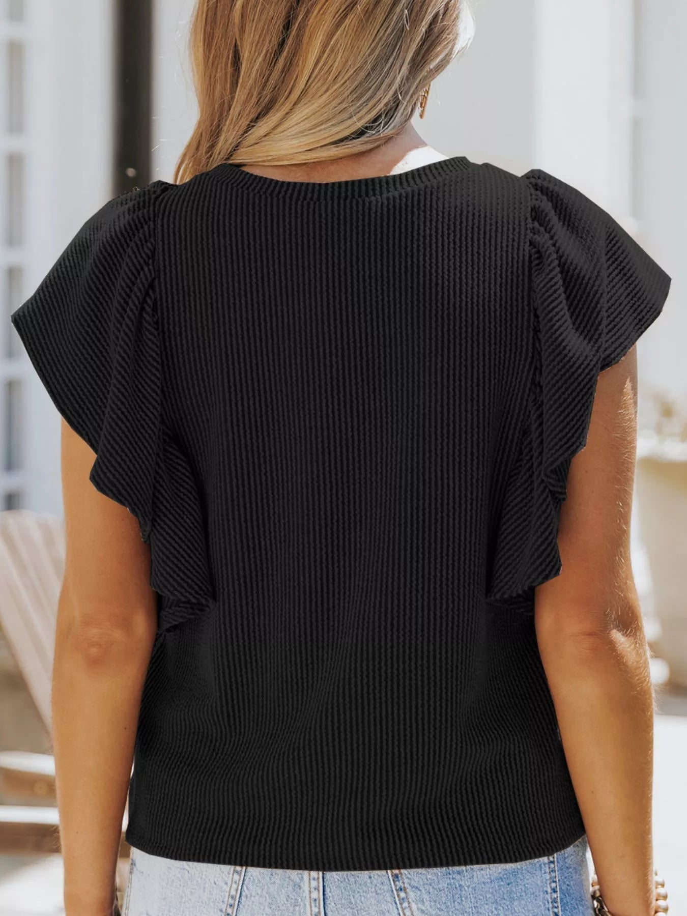 Full Size Ruffled Sleeve Ribbed Knit T-Shirt Plus Size-Stay Foxy Boutique, Florissant, Missouri