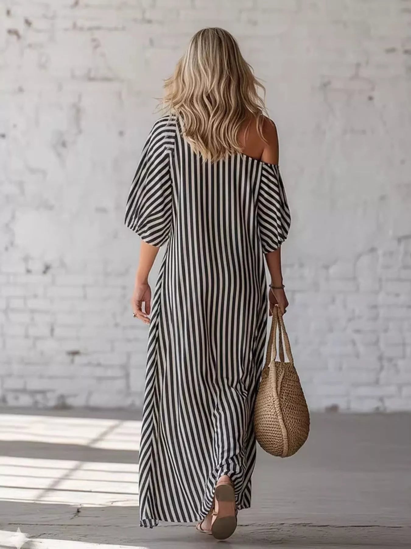 Full Size Striped One-Shoulder Casual Maxi Dress Plus Size-Stay Foxy Boutique, Florissant, Missouri