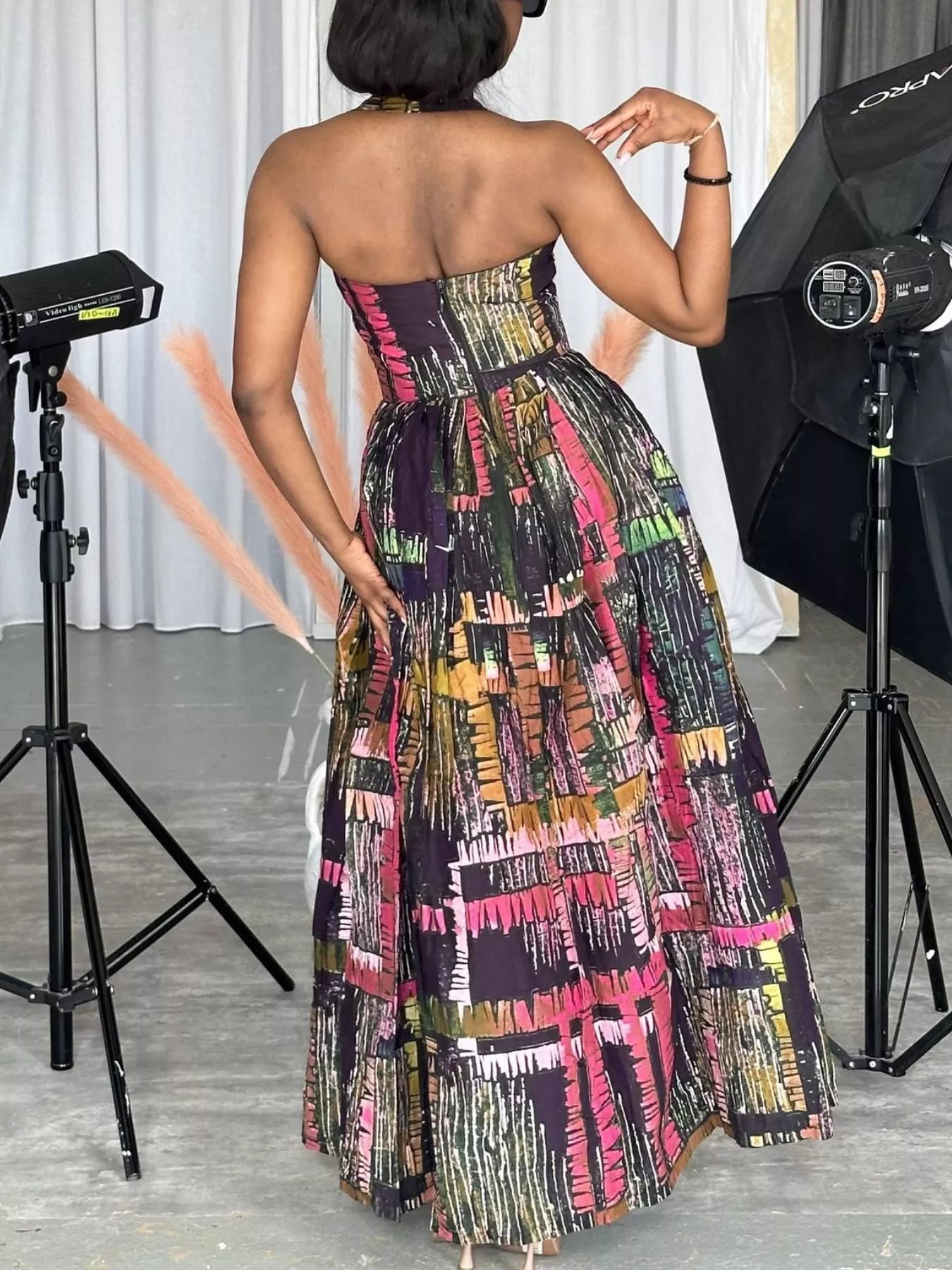 Full Size Abstract Print Halter Neck Maxi Dress Plus Size-Stay Foxy Boutique, Florissant, Missouri