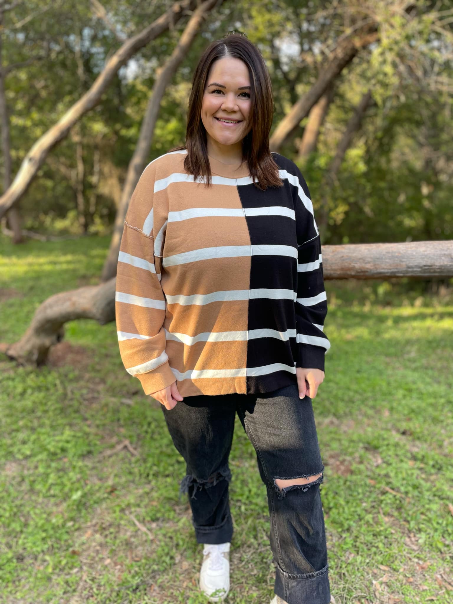 PREORDER: Exceptional Thought Striped Patchwork Sweater in Three Colors-Womens-Stay Foxy Boutique, Florissant, Missouri