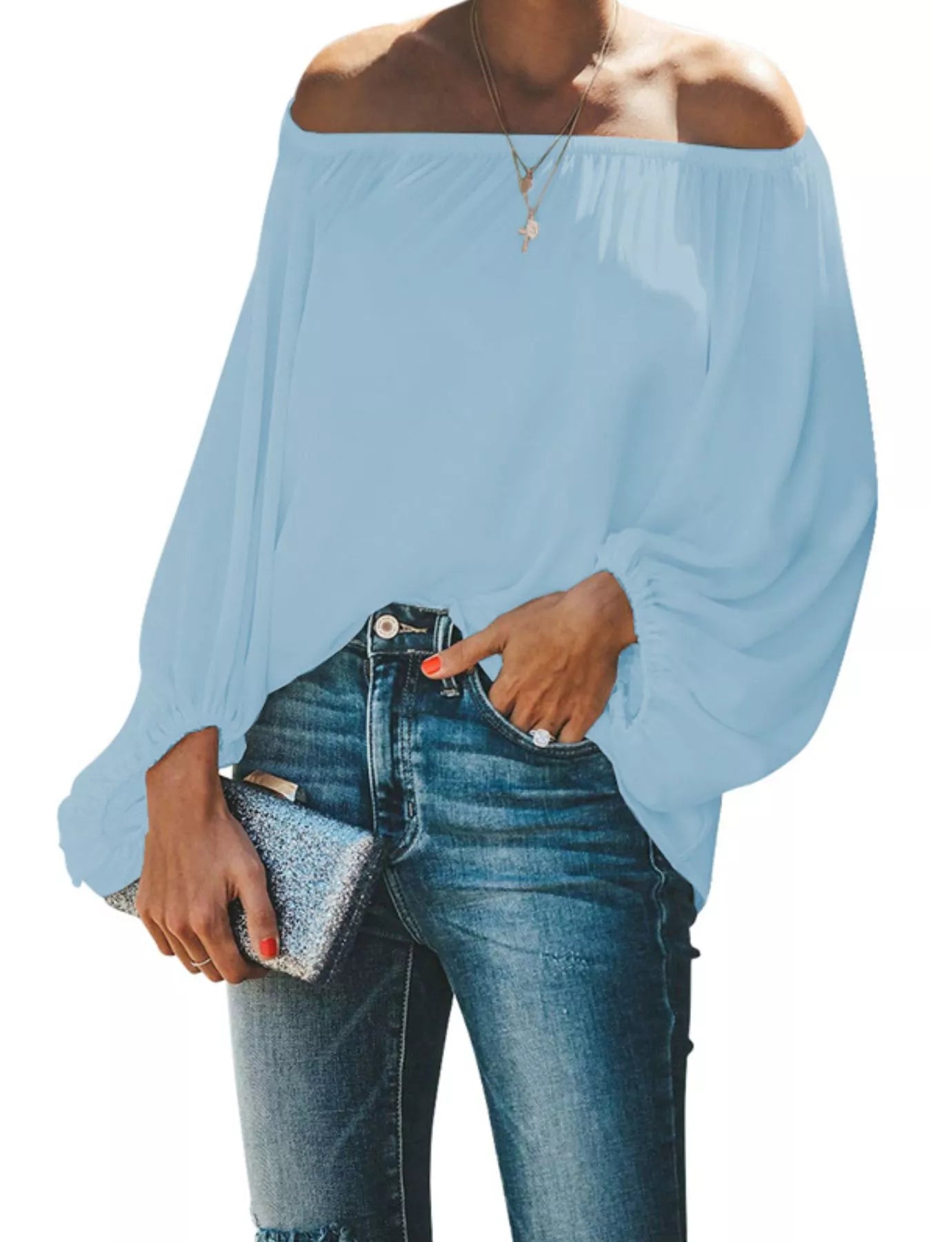 Full Size Off-Shoulder Balloon Sleeve Blouse Plus Size-Stay Foxy Boutique, Florissant, Missouri