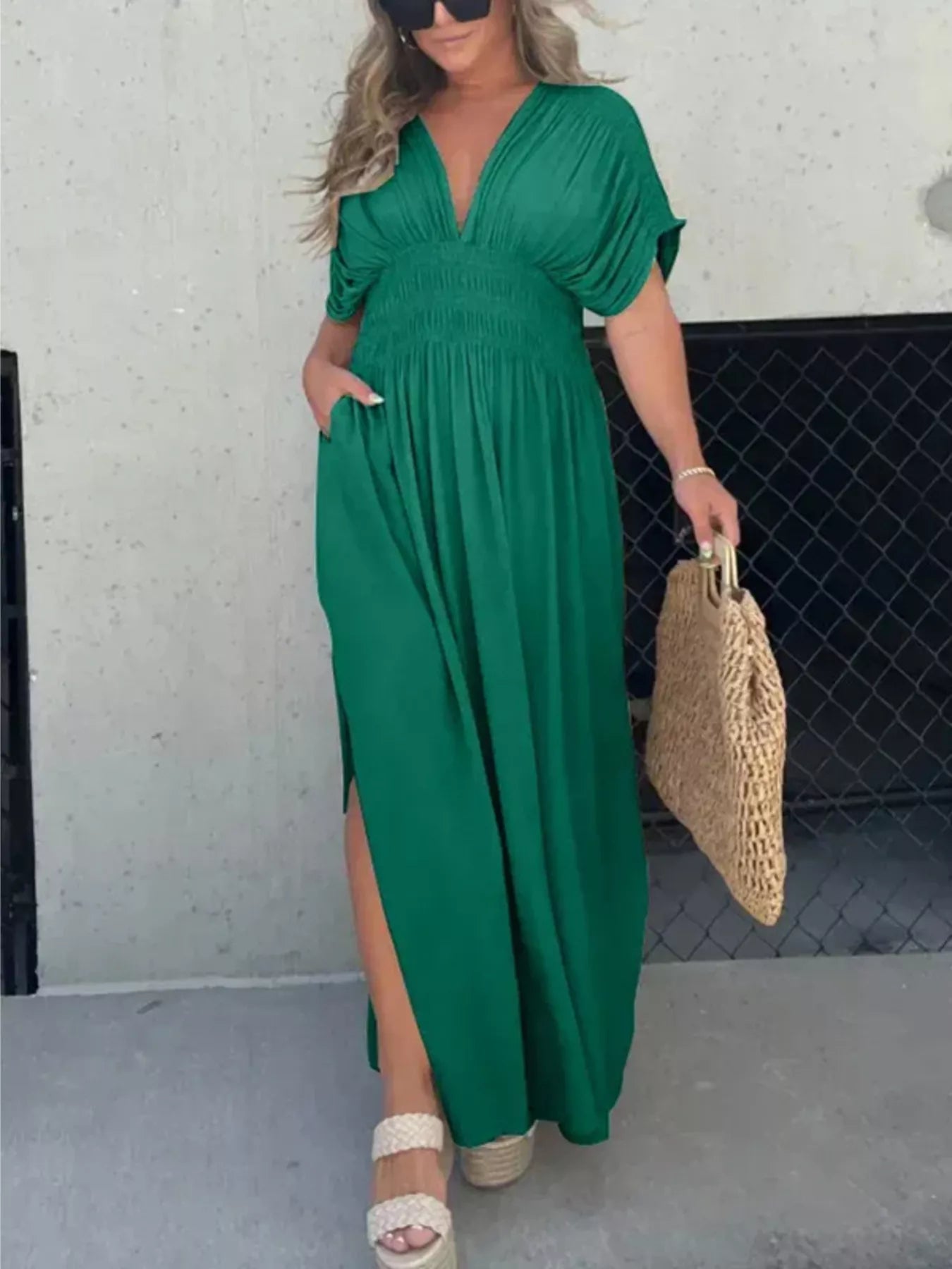 Full Size Slit V-Neck Smocked Waist Maxi Dress Plus Size-Stay Foxy Boutique, Florissant, Missouri